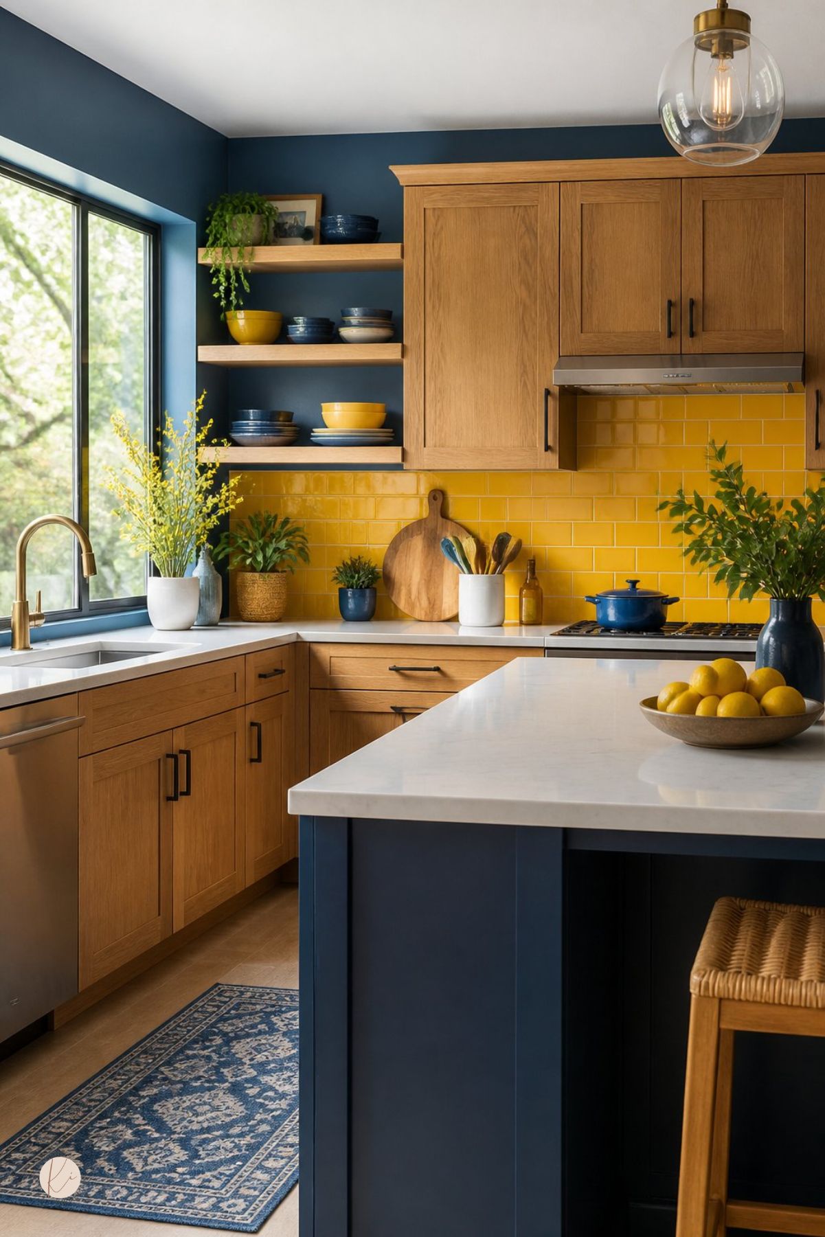 Blue and yellow kitchen with warm wood cabinets, glossy yellow subway tile backsplash, navy walls and island, white countertops, brass faucet, open wood shelves, blue dishes, potted greenery, bowl of lemons, glass pendant light, stainless appliances, and blue patterned runner rug.