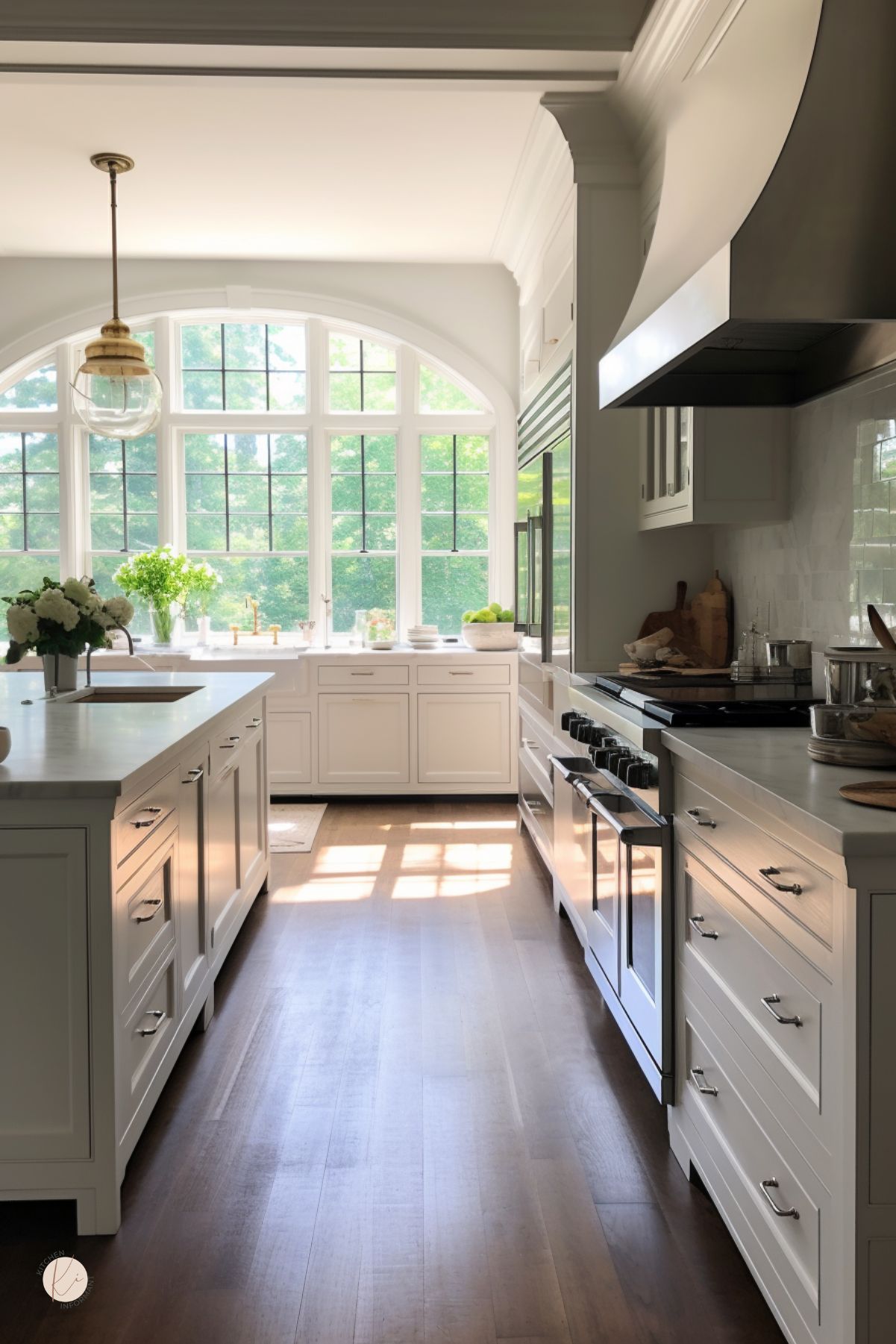 Bright white galley kitchen with shaker cabinets, marble countertops, large arched windows, wood floors, stainless range, oversized curved range hood, glass pendant light, kitchen island, fresh flowers, and greenery in natural sunlight.