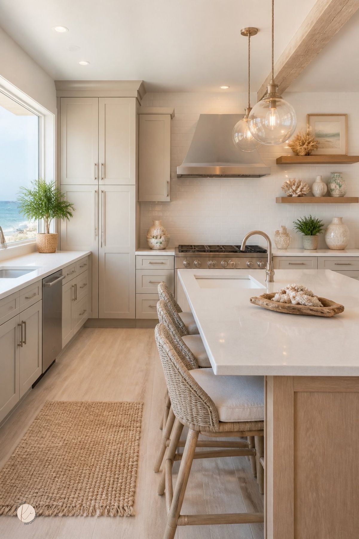 Coastal kitchen with light beige cabinets, white countertops, wicker bar stools, glass globe pendant lights, stainless range hood, open shelves with coral decor, woven runner rug, brass fixtures, and ocean views from the window.