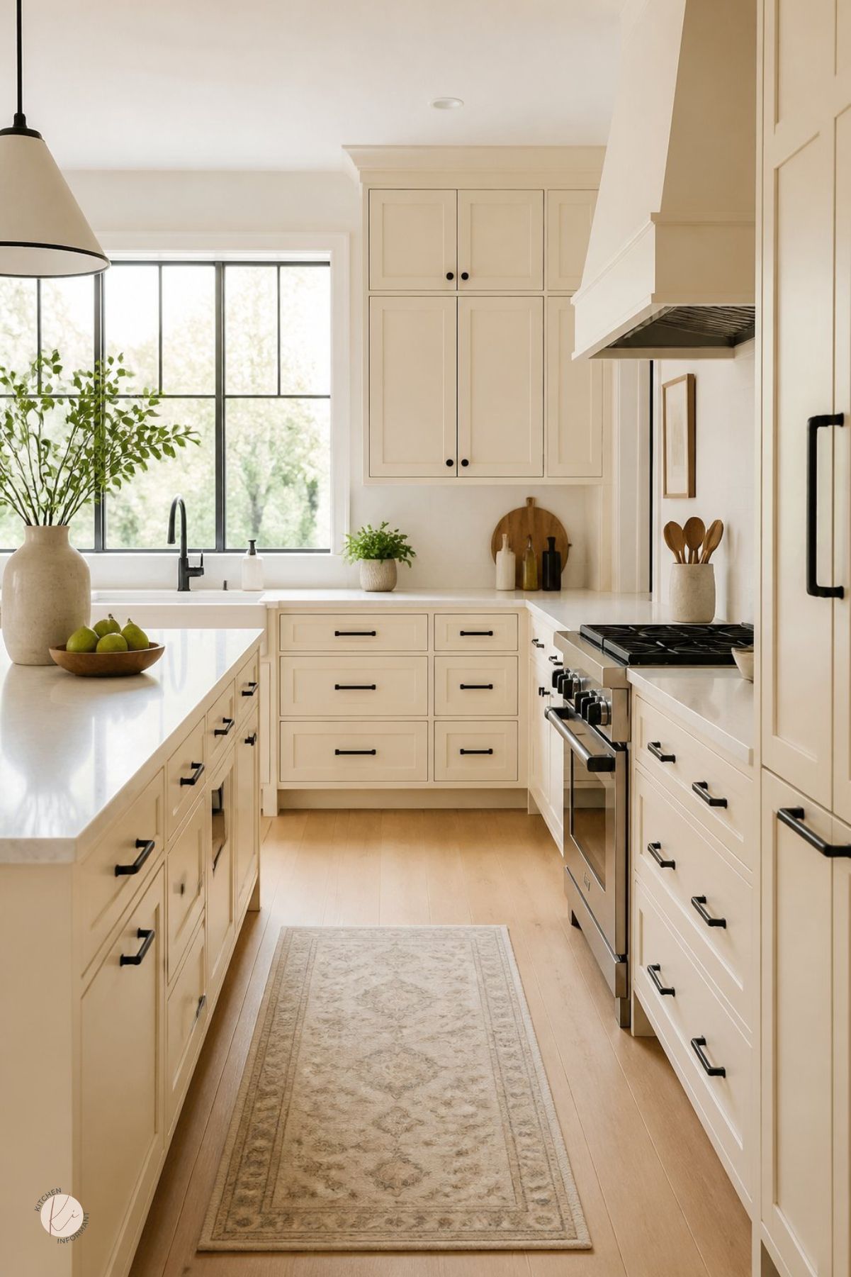 Cream kitchen with black hardware, white countertops, large black-framed window, stainless range, paneled range hood, light wood floors, soft runner rug, potted greenery, and a white island with a bowl of green pears.