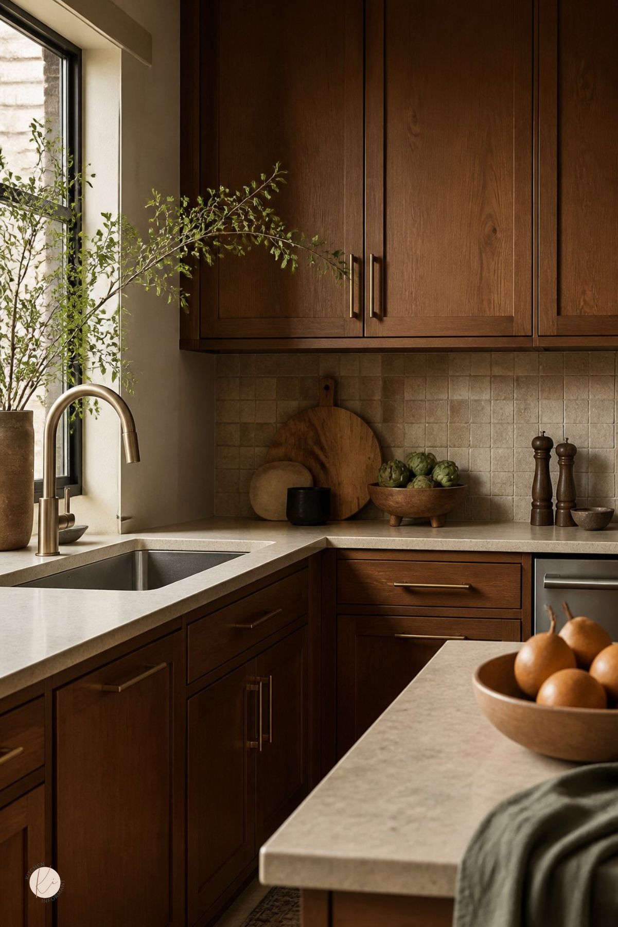 Dark wood kitchen cabinets with brass hardware, beige stone countertops, square tile backsplash, stainless sink, and warm natural light from a black-framed window. A wood bowl of artichokes, cutting boards, greenery, and pears on the island add rustic kitchen decor.