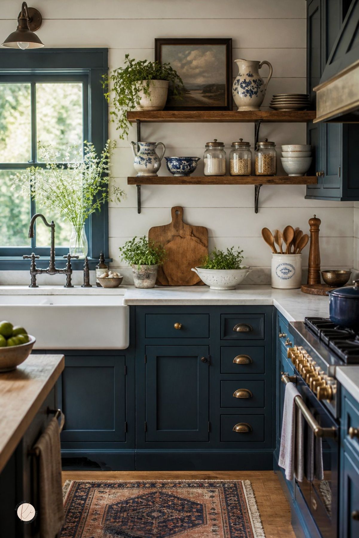 Cottage kitchen with deep blue cabinets, white shiplap walls, marble countertops, farmhouse sink, brass faucet, open wood shelves, blue and white pitchers, glass pantry jars, potted herbs, brass cup pulls, vintage rug, and a blue range.