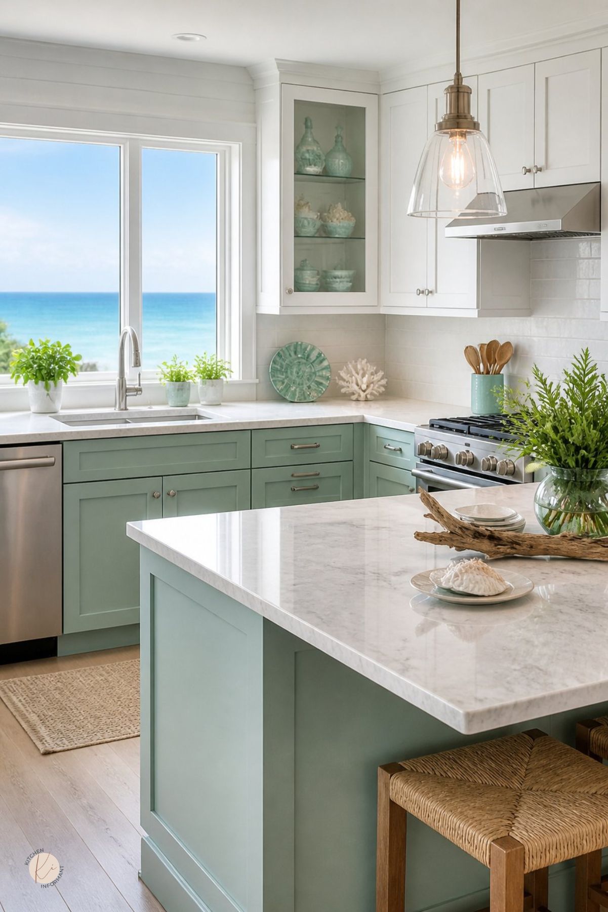 Coastal kitchen with soft green lower cabinets, white upper cabinets, marble countertops, ocean view windows, glass-front cabinet, stainless range hood, woven stools, pendant light, sea glass decor, coral, driftwood, and potted greenery.