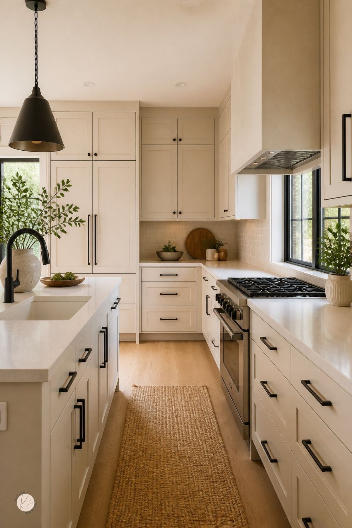Cream kitchen with black hardware, white countertops, stainless range, black faucet, black pendant light, light wood floors, jute runner rug, black-framed windows, tall pantry cabinets, potted greenery, and a soft modern farmhouse design.