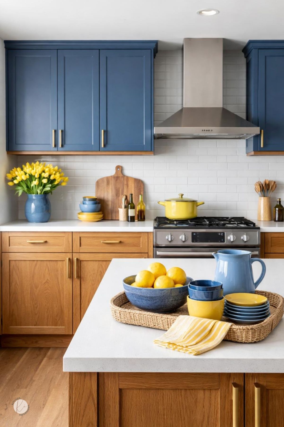 Modern kitchen with oak wood cabinets, blue and yellow accents, and natural light highlighting the wood grain.
