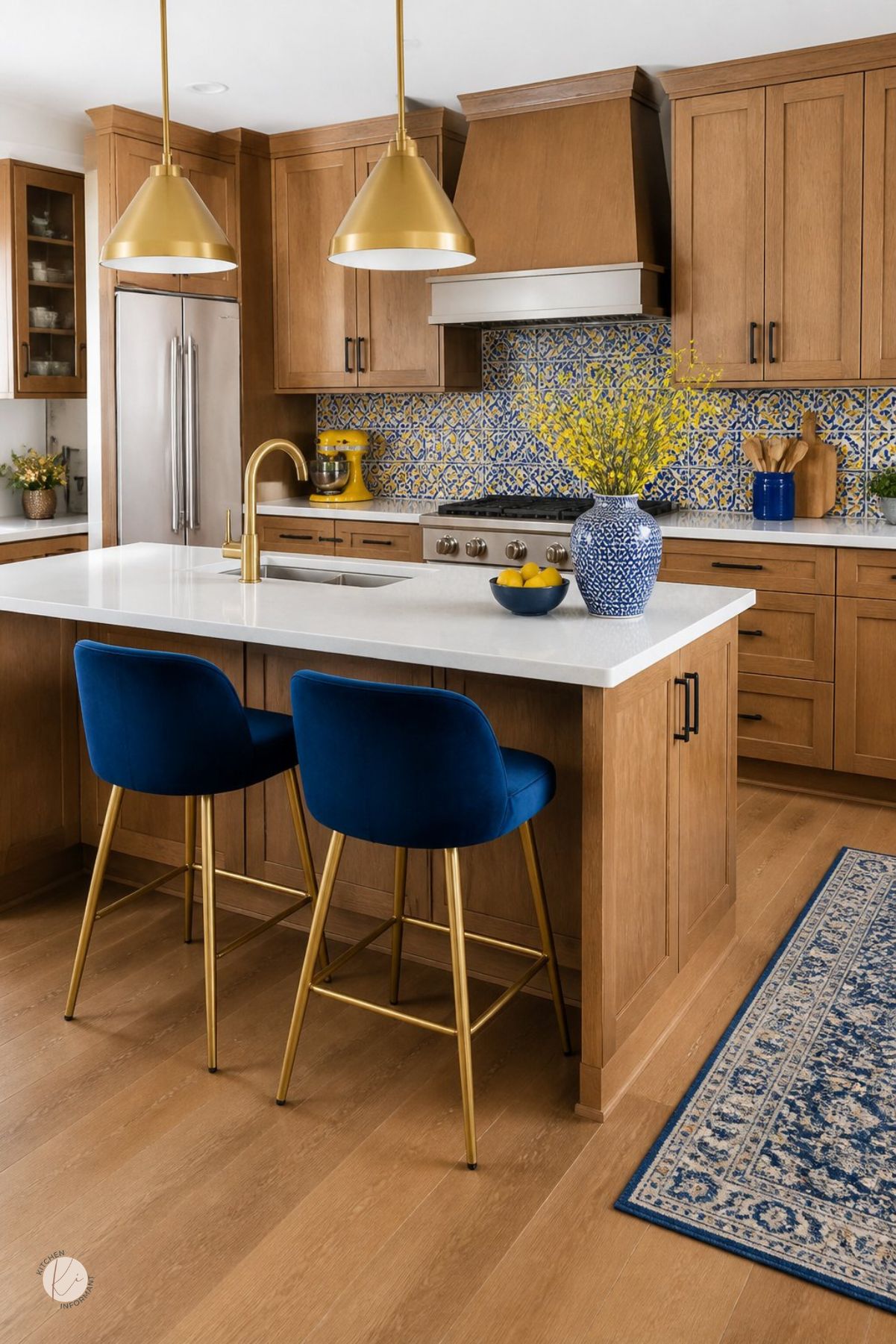 Blue, yellow, and wood kitchen with warm oak cabinets, patterned blue and yellow tile backsplash, white countertops, brass pendant lights, brass faucet, blue velvet bar stools, stainless appliances, blue patterned runner rug, yellow flowers, and lemons.
