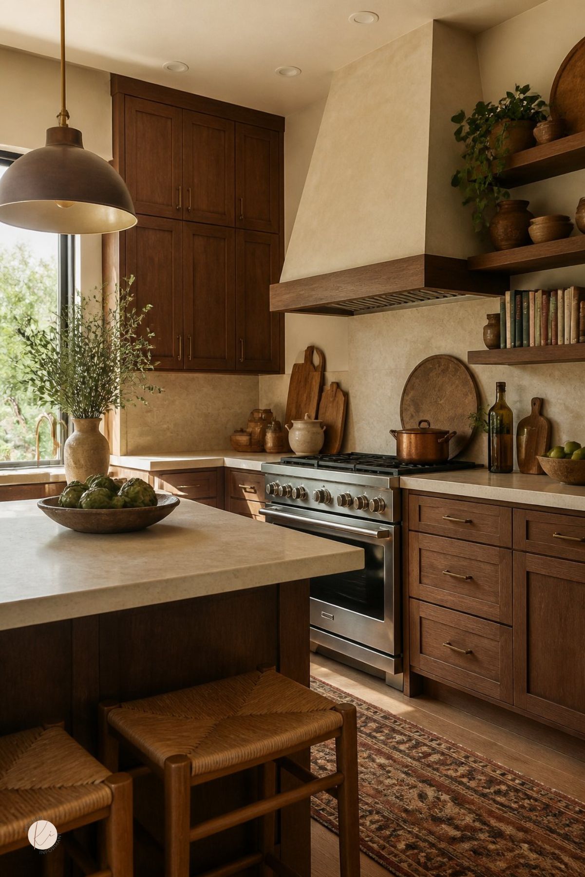 Rustic kitchen with warm wood cabinets, beige stone countertops, a plaster range hood, stainless range, open shelves with books and pottery, brass hardware, woven stools, a vintage runner rug, greenery, and a large island with artichokes in a wood bowl.