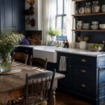 Cottage kitchen with navy blue cabinets, marble countertops, farmhouse sink, brass faucet, open wood shelves, blue and white pottery, glass pantry jars, sheer curtains, rustic dining table, fresh flowers, vintage chairs, and warm wood floors.