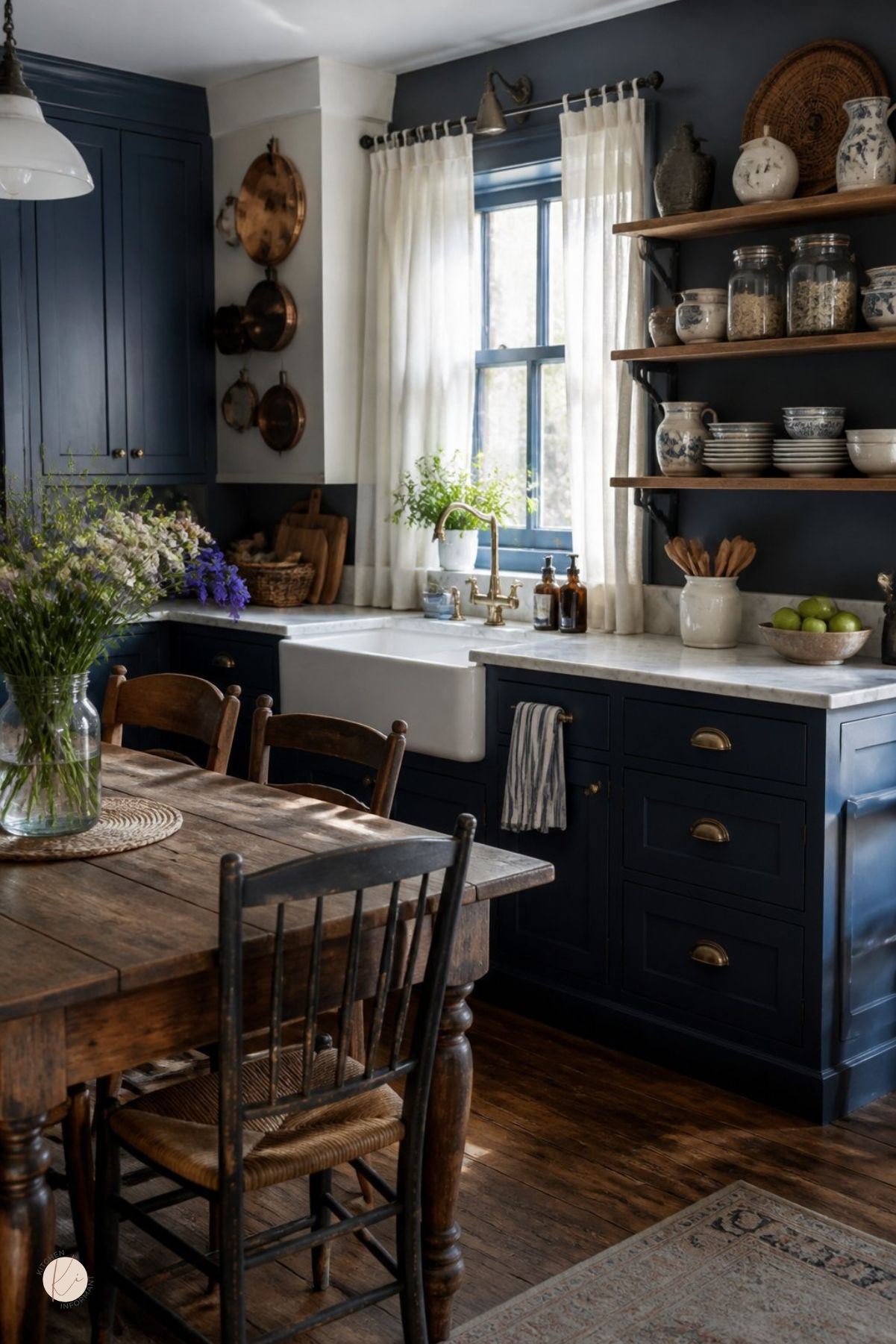 Cottage kitchen with navy blue cabinets, marble countertops, farmhouse sink, brass faucet, open wood shelves, blue and white pottery, glass pantry jars, sheer curtains, rustic dining table, fresh flowers, vintage chairs, and warm wood floors.