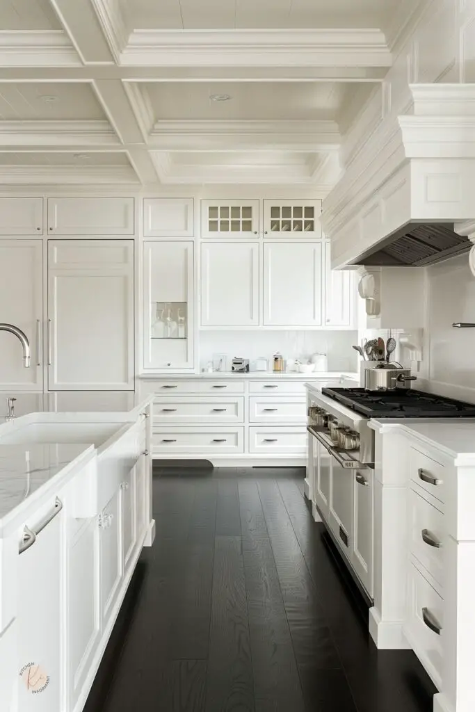 Bright white kitchen with shaker cabinets, coffered ceiling, marble countertops, glossy black wood floors, white paneled range hood, stainless range, glass-front cabinets, large island, chrome hardware, and a clean luxury kitchen design.
