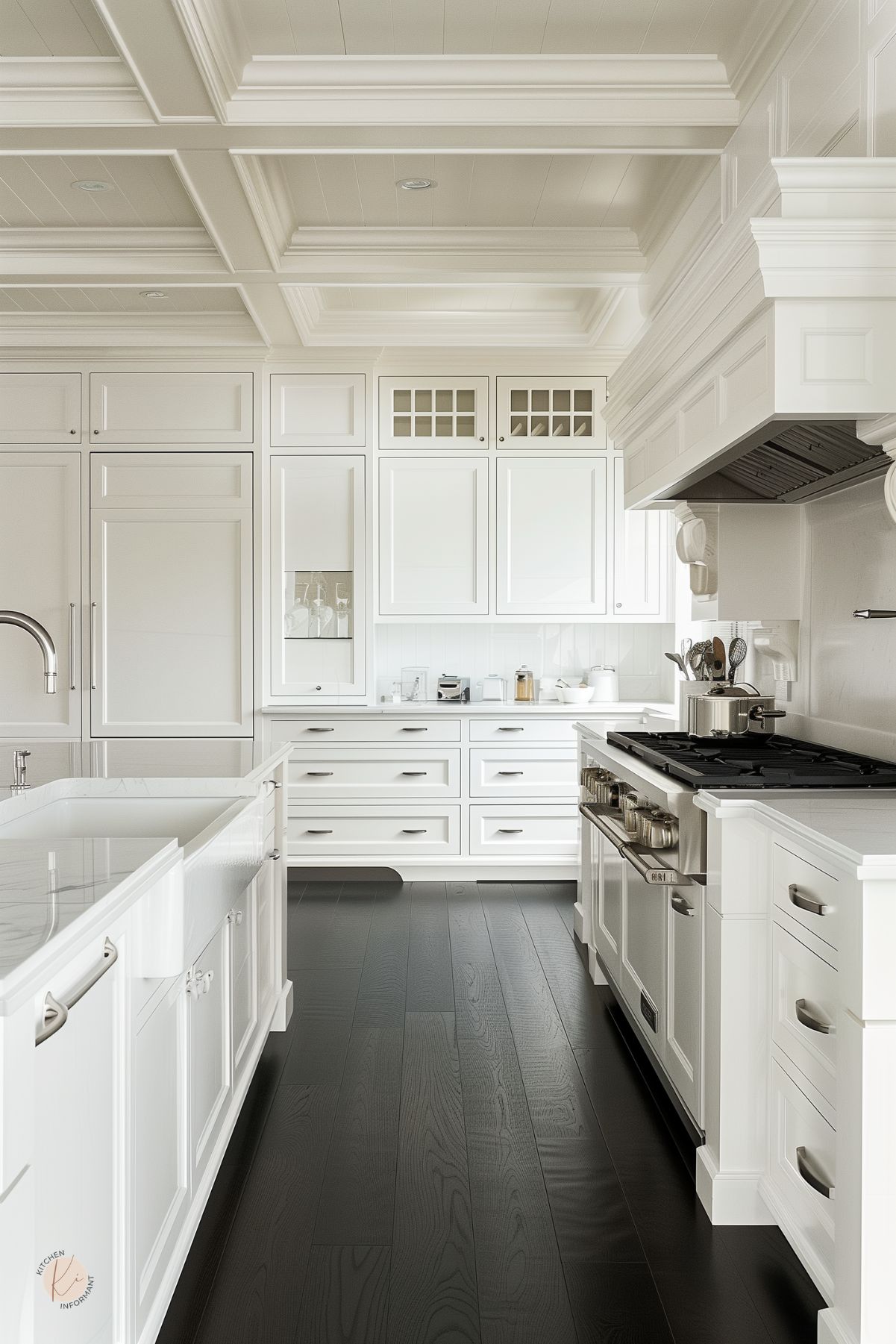 Bright white kitchen with shaker cabinets, coffered ceiling, marble countertops, glossy black wood floors, white paneled range hood, stainless range, glass-front cabinets, large island, chrome hardware, and a clean luxury kitchen design.