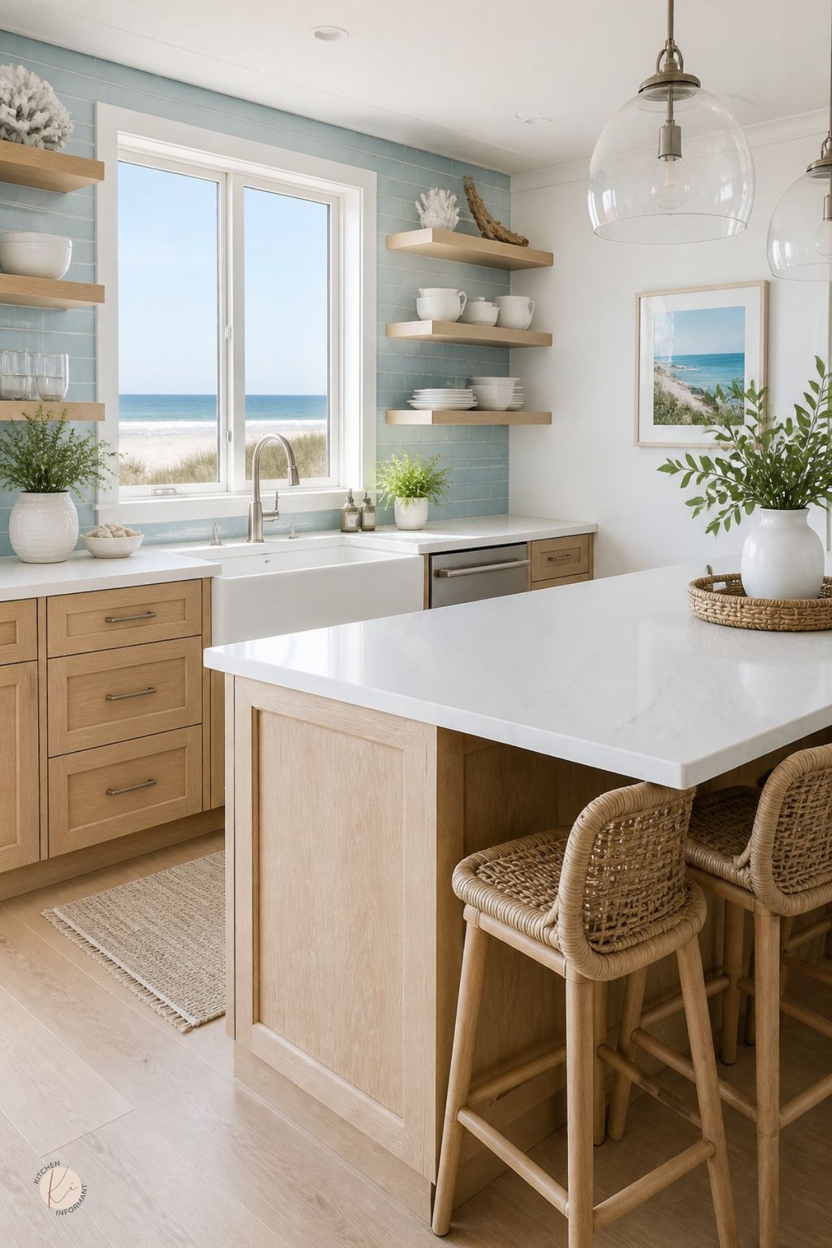 Coastal kitchen with light wood cabinets, white countertops, pale blue tile backsplash, farmhouse sink, open shelves, wicker bar stools, glass pendant lights, ocean view window, potted greenery, coral decor, and a beach photo on the wall.