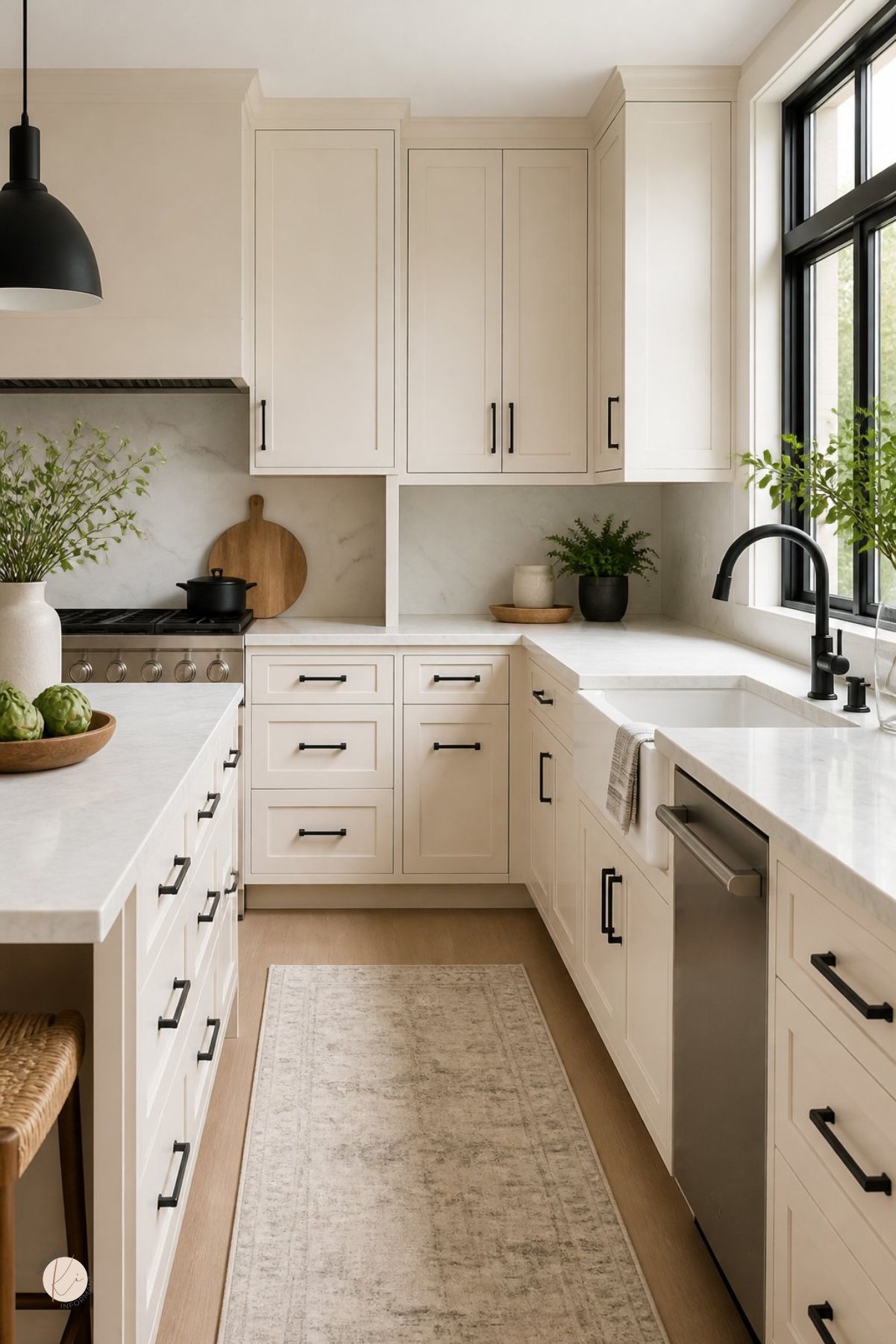 Cream kitchen with black hardware, marble countertops and backsplash, black-framed window, farmhouse sink, black faucet, stainless range and dishwasher, light wood floors, soft runner rug, potted greenery, woven stool, and artichokes on the island.