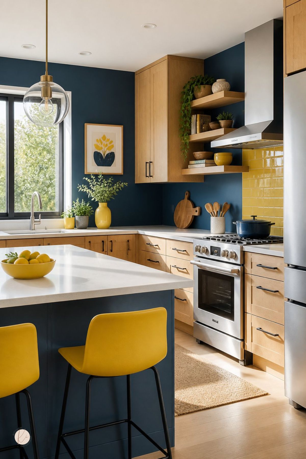 Blue, yellow, and wood kitchen with navy walls and island, warm oak cabinets, glossy yellow tile backsplash, white countertops, yellow bar stools, stainless appliances, open wood shelves, potted greenery, lemons, and black-framed window.