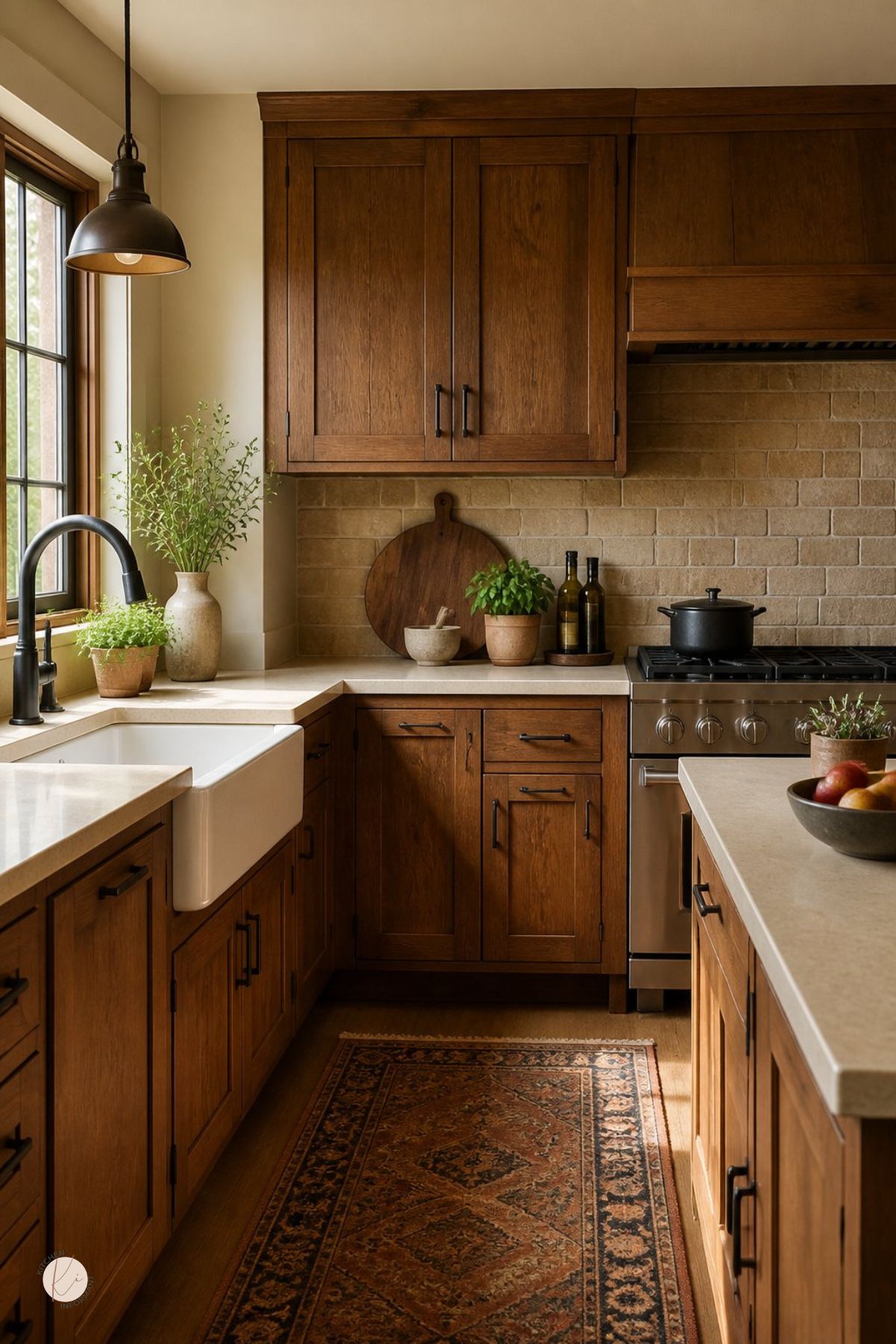 Rustic kitchen with warm wood cabinets, black hardware, beige stone countertops, cream brick backsplash, farmhouse sink, black faucet, stainless range, pendant light, potted herbs, fruit bowl, and a vintage runner rug.
