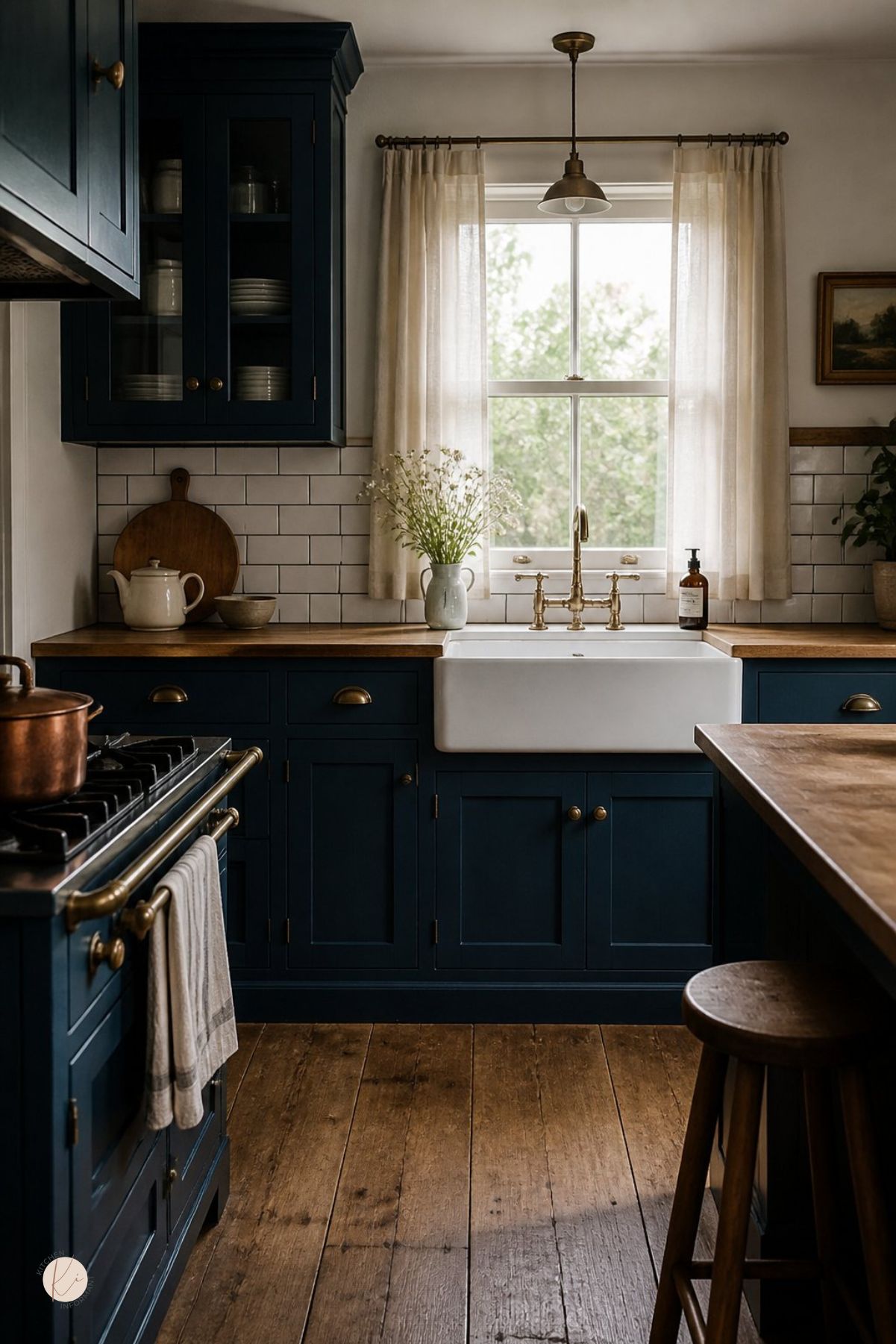 Cottage kitchen with deep blue cabinets, wood countertops, farmhouse sink, brass bridge faucet, white subway tile backsplash, sheer curtains, copper pot, pendant light, rustic wood floors, and a wood island with a round stool.