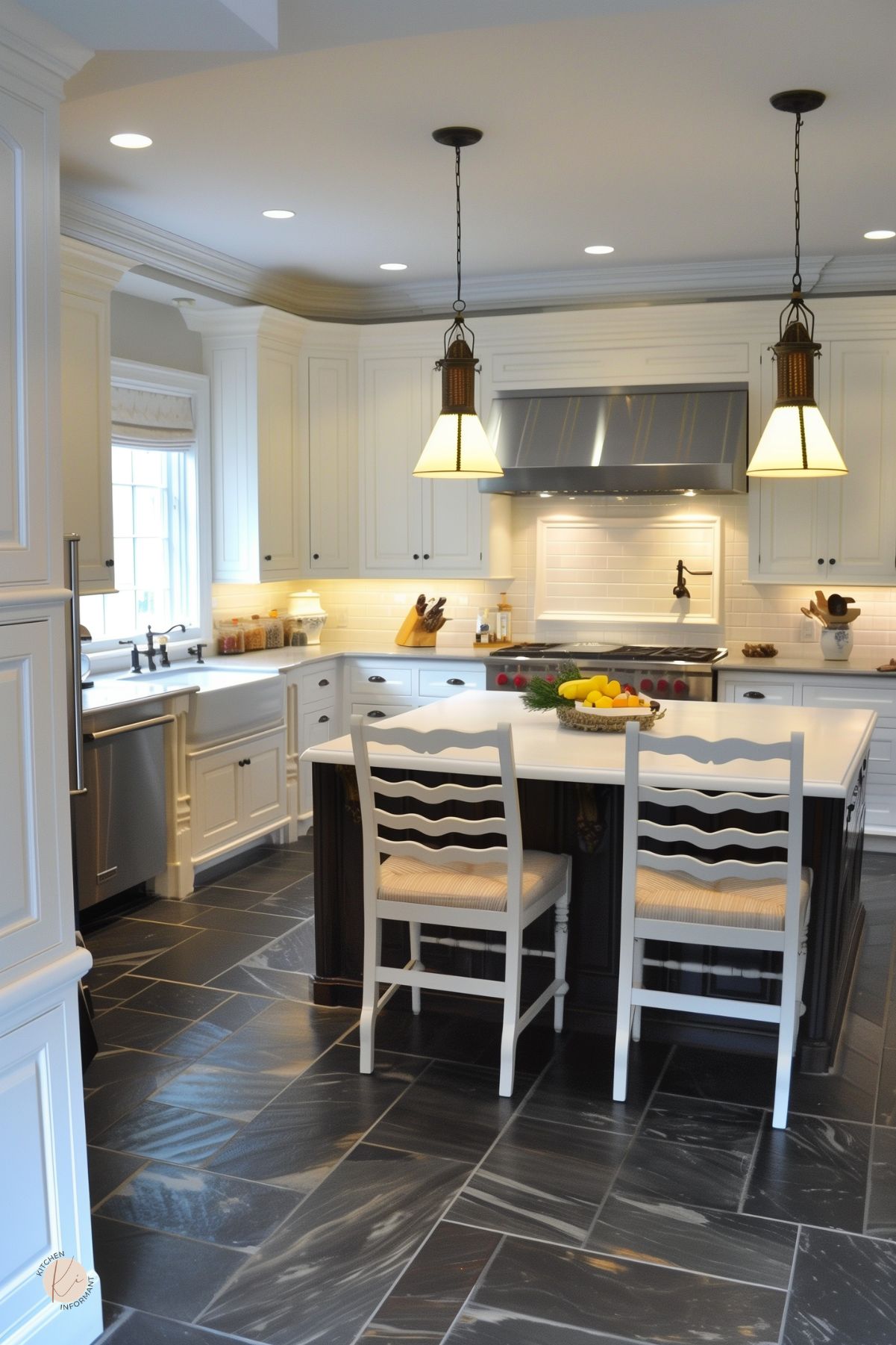 Traditional white kitchen with black island, farmhouse sink, stainless range hood, white subway tile backsplash, black stone tile floor, pendant lights, white chairs, black hardware, and a fruit bowl with lemons on the island.