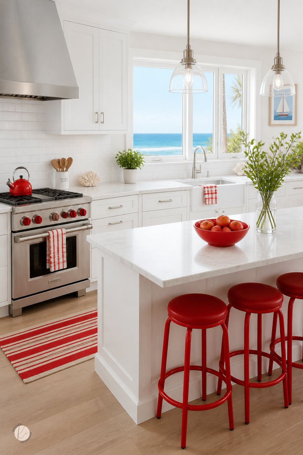 Bright coastal kitchen with white shaker cabinets, white marble island, ocean view windows, stainless range, red stools, red striped rug, glass pendant lights, farmhouse sink, white subway tile backsplash, red bowl of tomatoes, and red kettle accents.