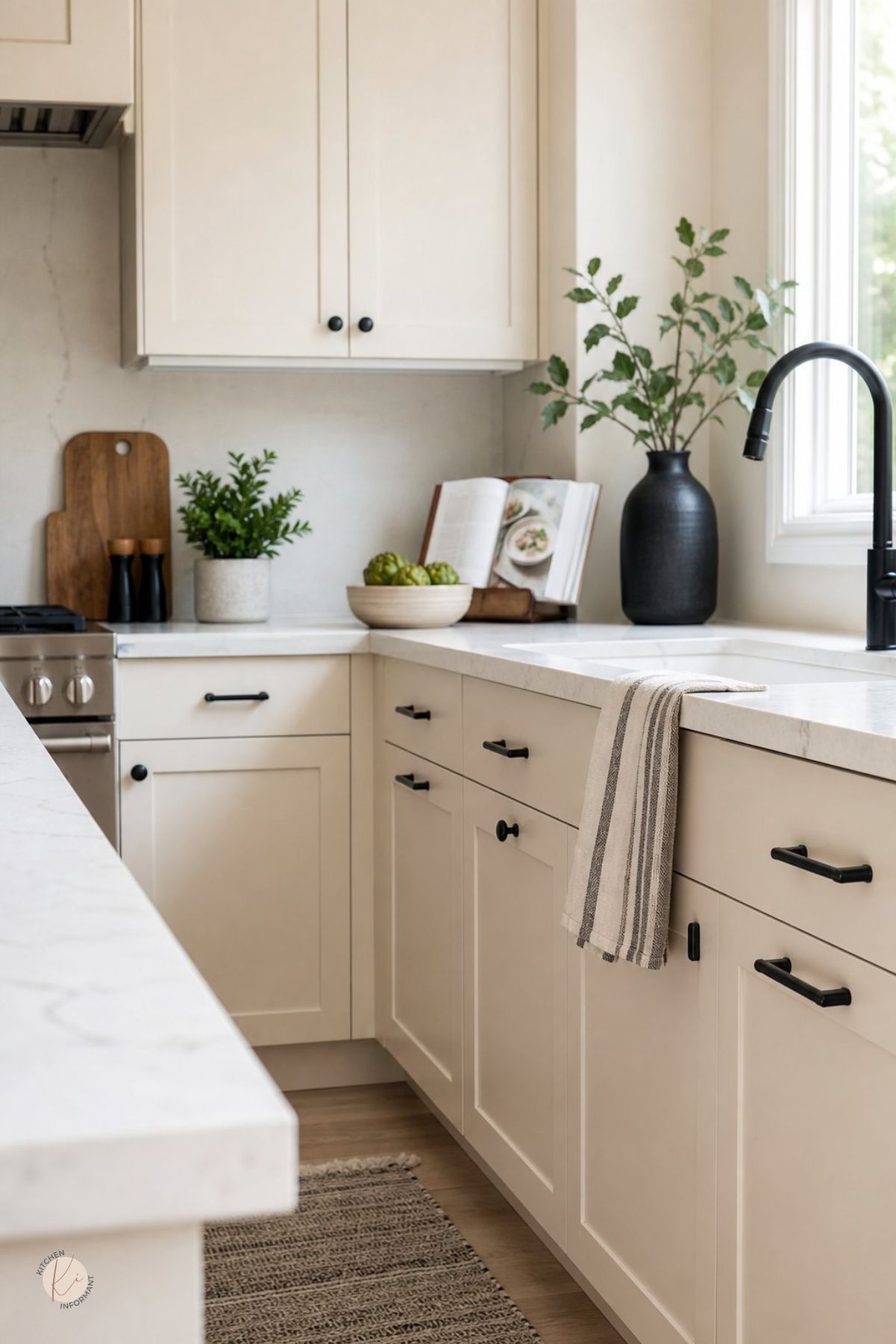 Cream kitchen with black hardware, marble countertops, black faucet, stainless range, light wood floors, woven runner rug, striped towel, potted greenery, wood cutting board, open cookbook, and a black vase by the window.