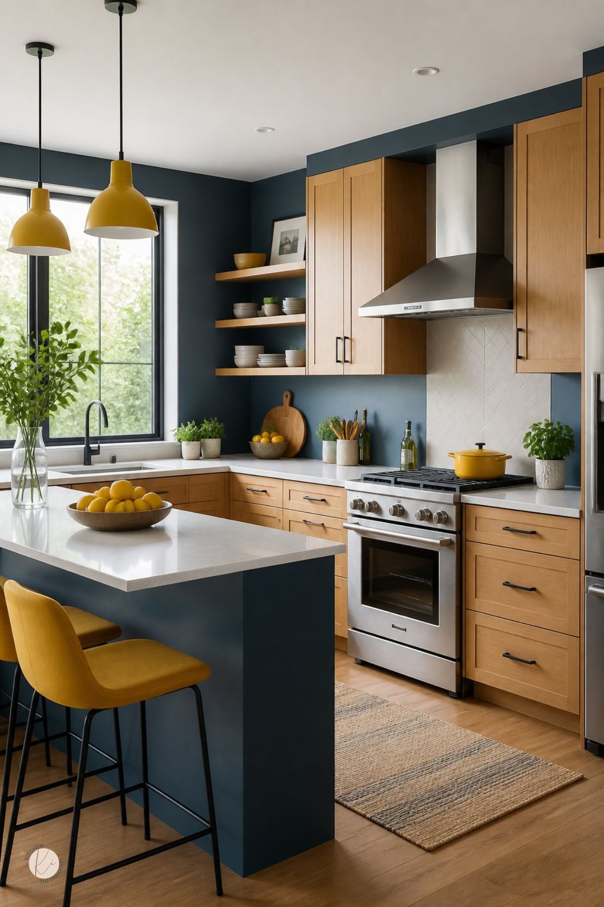 Blue and wood kitchen with navy walls and island, warm oak cabinets, white countertops, yellow pendant lights and bar stool, stainless range, black-framed window, open wood shelves, yellow accents, potted greenery, bowl of lemons, woven runner rug, and wood floors.