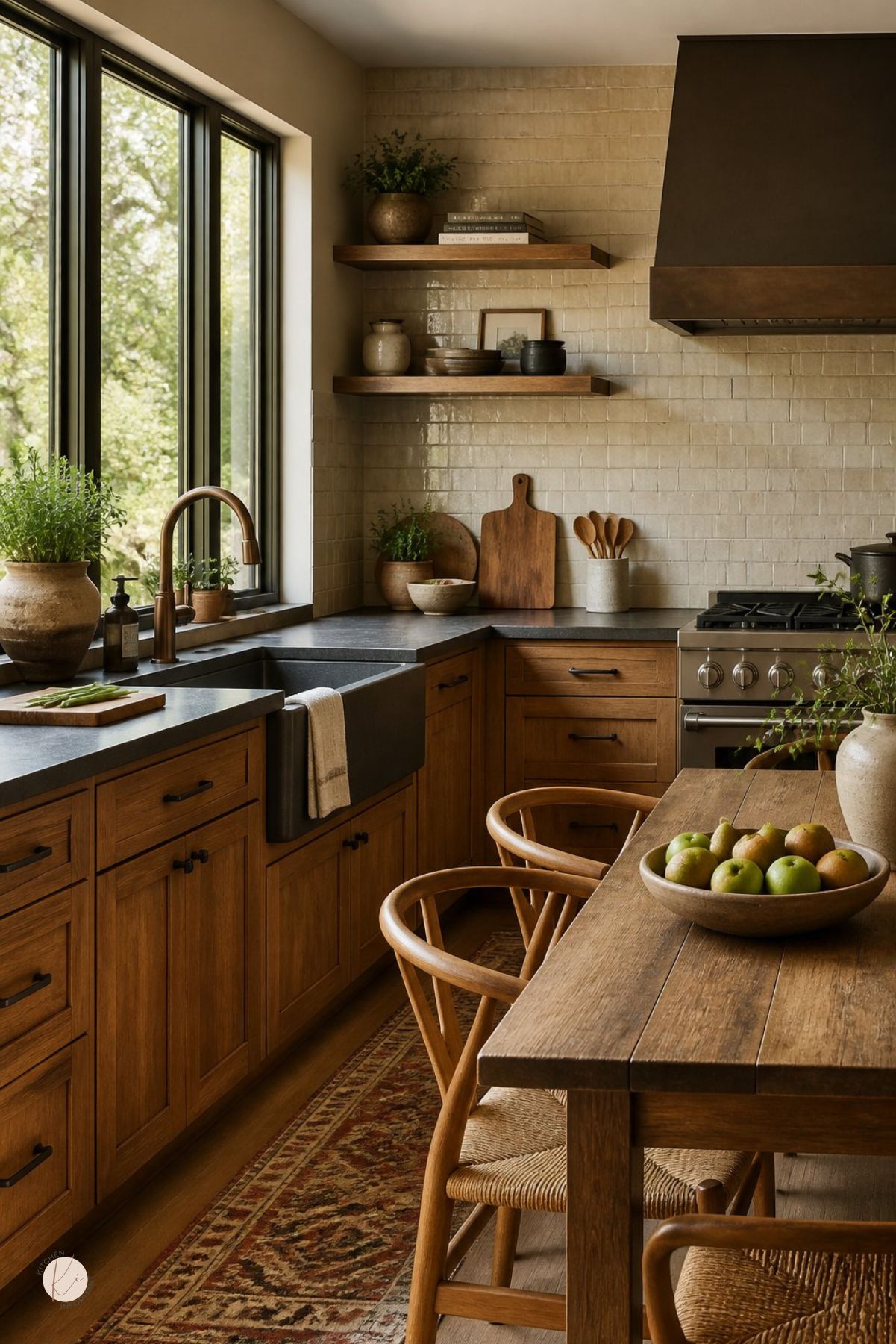 Rustic wood kitchen with black countertops, cream zellige tile backsplash, open shelves, farmhouse sink, bronze faucet, black range hood, warm wood dining table, woven chairs, potted herbs, fruit bowl, and a vintage runner rug.