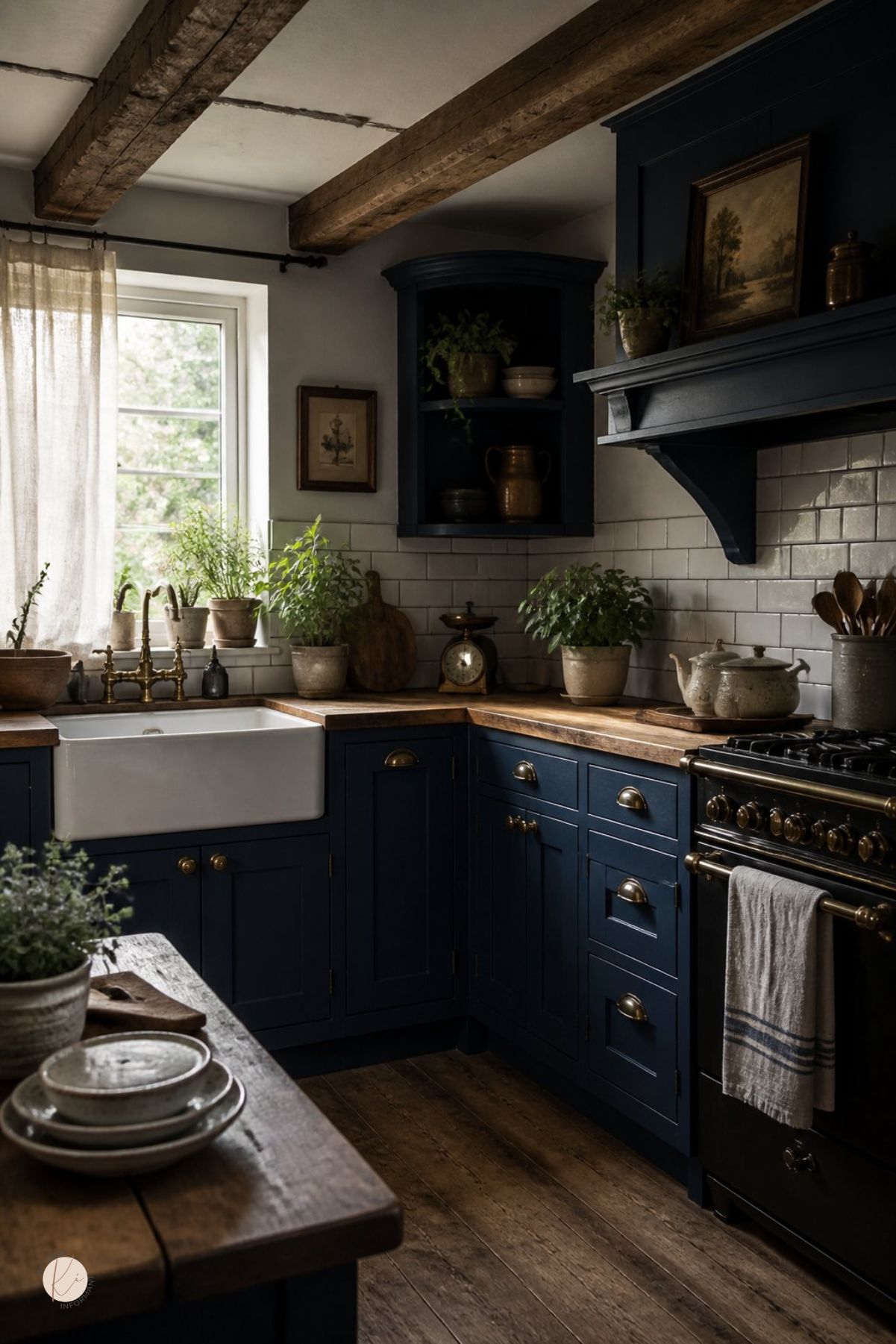 Moody cottage kitchen with navy blue cabinets, wood countertops, farmhouse sink, brass bridge faucet, white subway tile backsplash, exposed wood beams, black range, potted herbs, vintage scale, and rustic wood floors.