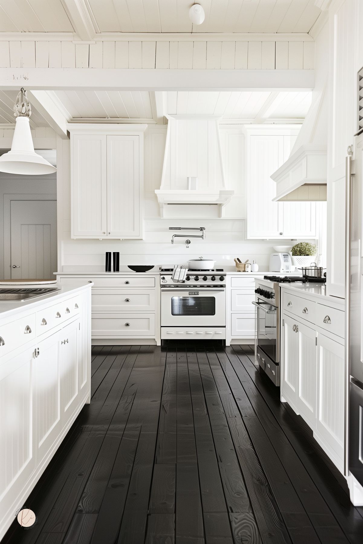 Bright white kitchen with beadboard cabinets, matching paneled range hood, glossy black wood floors, white range, large island, chrome hardware, pendant light, and a clean black and white kitchen design.