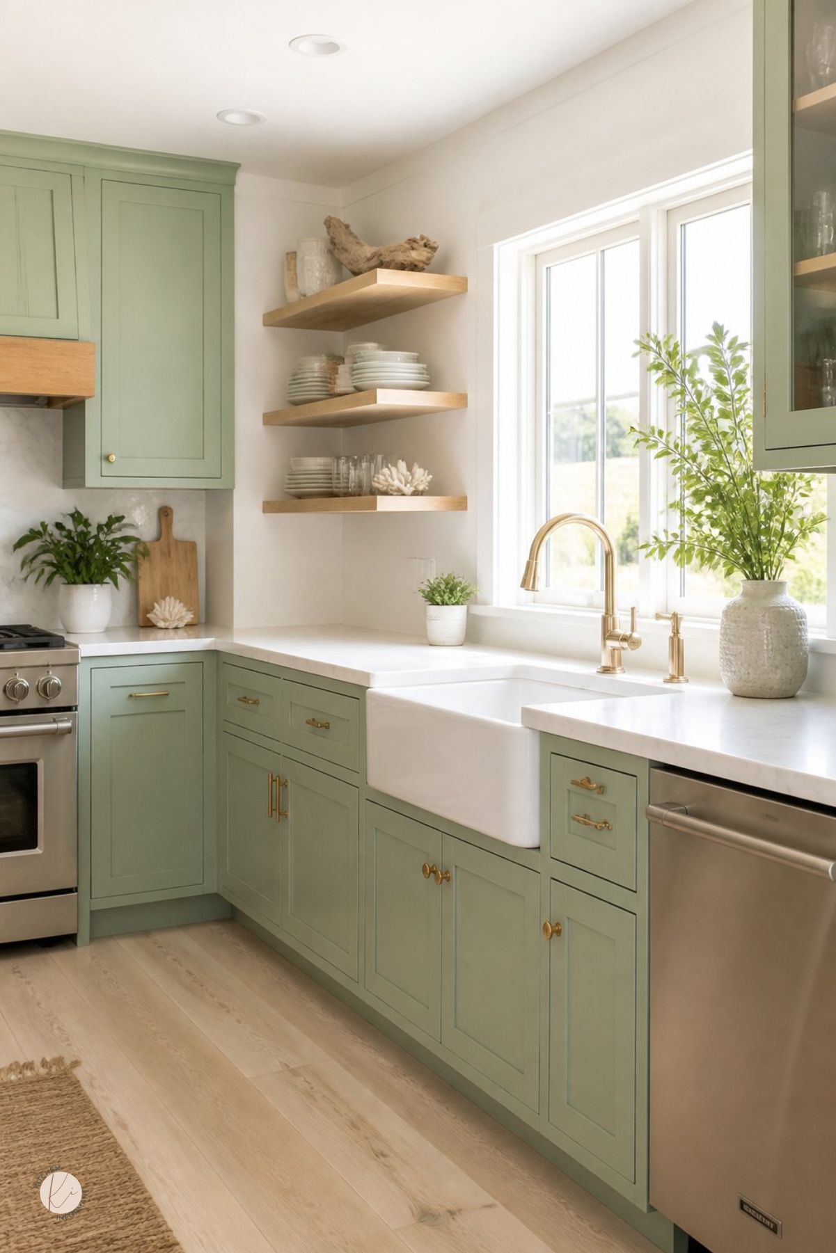 Coastal kitchen with light wood cabinets, white countertops, ocean view window, woven bar stools, rope pendant lights, open shelves, blue and white pottery, coral decor, stainless range, white tile backsplash, and a bright beach-inspired design.