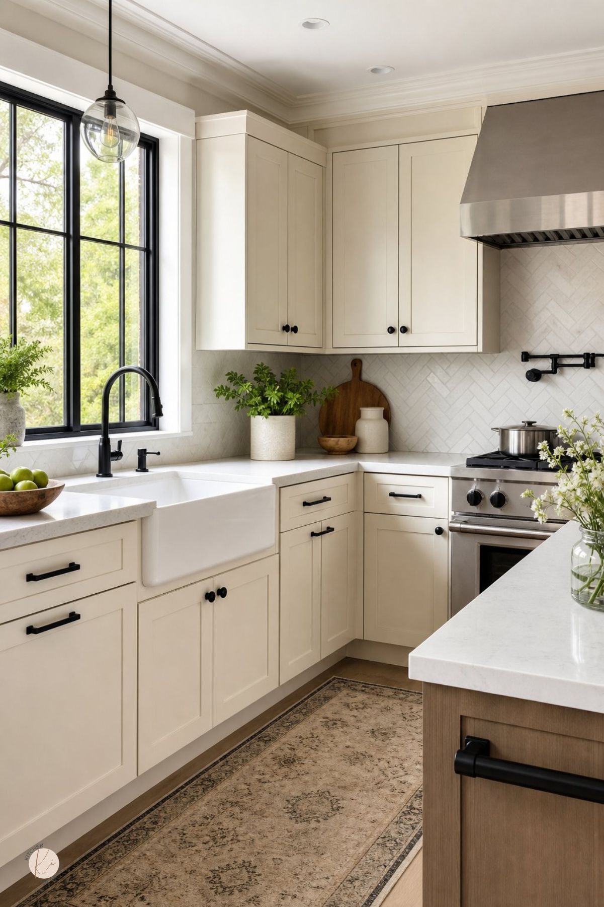 Cream kitchen with black hardware, farmhouse sink, black faucet, herringbone tile backsplash, stainless range hood, black-framed window, light wood island, glass pendant light, potted greenery, bowl of green apples, and a soft vintage runner rug.