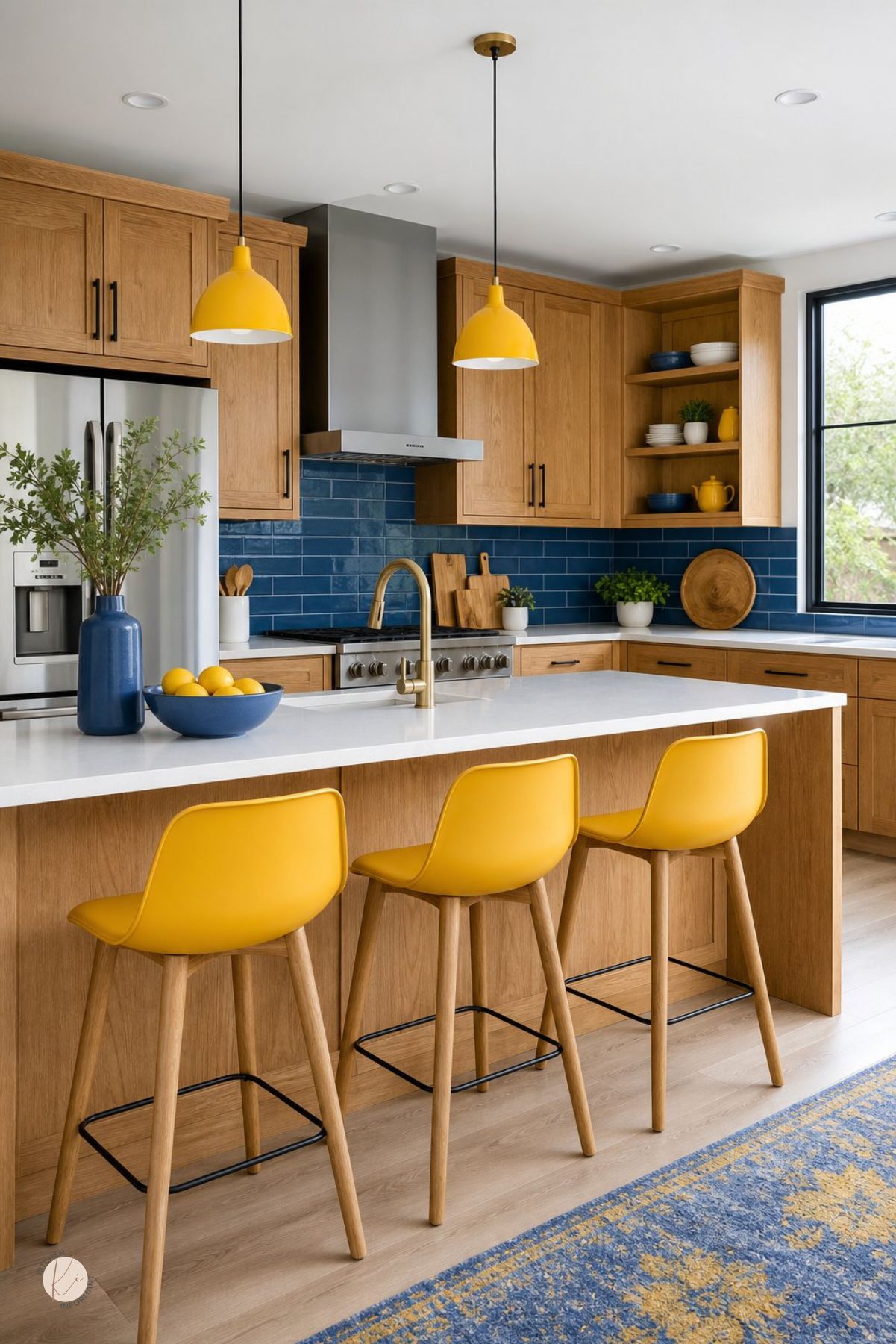 Blue and yellow kitchen with warm oak cabinets, glossy blue subway tile backsplash, yellow pendant lights and bar stools, white countertops, stainless range hood, brass faucet, blue bowl of lemons, open shelves, black-framed window, and blue patterned rug.