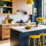Blue and yellow kitchen with navy walls and island, warm wood cabinets, white countertops, yellow pendant light and stools, black faucet, stainless range, open yellow shelves, sunflowers, bowl of lemons, potted greenery, and light wood floors.