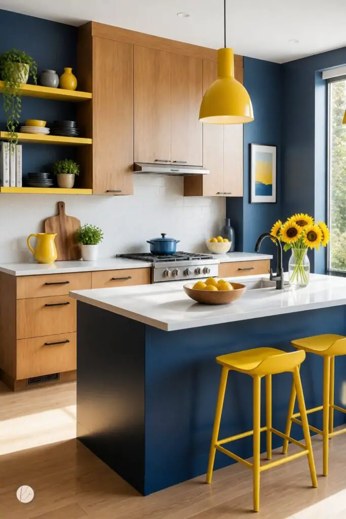 Blue and yellow kitchen with navy walls and island, warm wood cabinets, white countertops, yellow pendant light and stools, black faucet, stainless range, open yellow shelves, sunflowers, bowl of lemons, potted greenery, and light wood floors.
