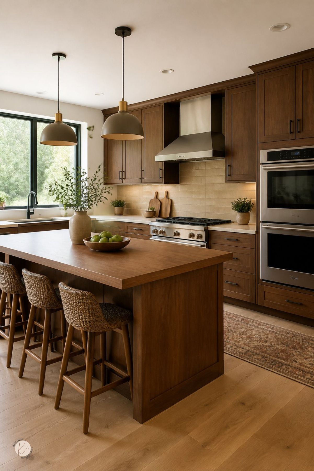 Warm wood kitchen with matching cabinets and island, beige tile backsplash, stainless range hood, double wall ovens, black-framed window, woven counter stools, pendant lights, potted greenery, fruit bowl, and a vintage runner rug.