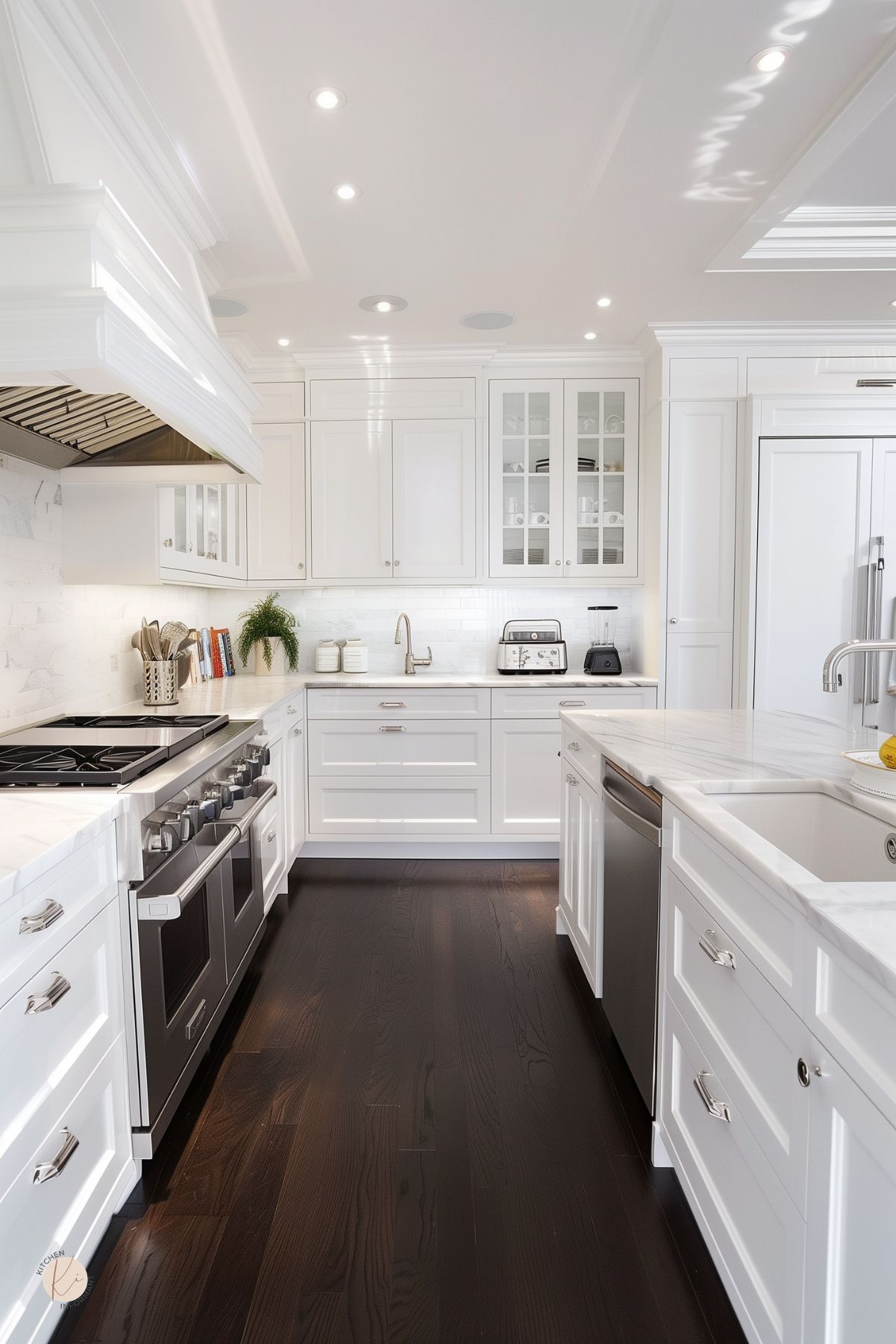 Bright white kitchen with shaker cabinets, marble countertops, dark wood floors, paneled range hood, stainless range, glass-front cabinets, large island with farmhouse sink, chrome hardware, built-in refrigerator, and modern recessed lighting.