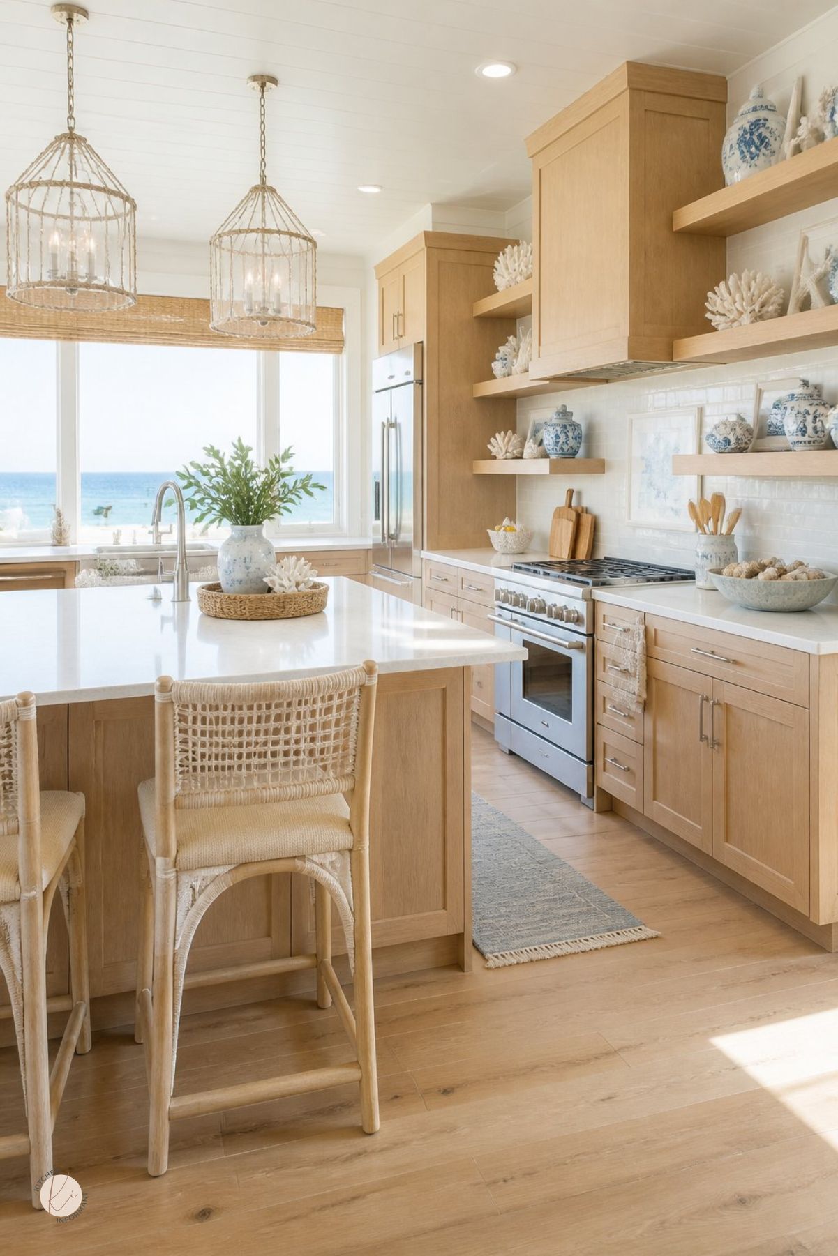 Coastal kitchen with sage green cabinets, white countertops, wood island top, stainless range hood, open shelves, glass pendant light, woven stools, potted greenery, shell decor, driftwood centerpiece, and a bright window view.