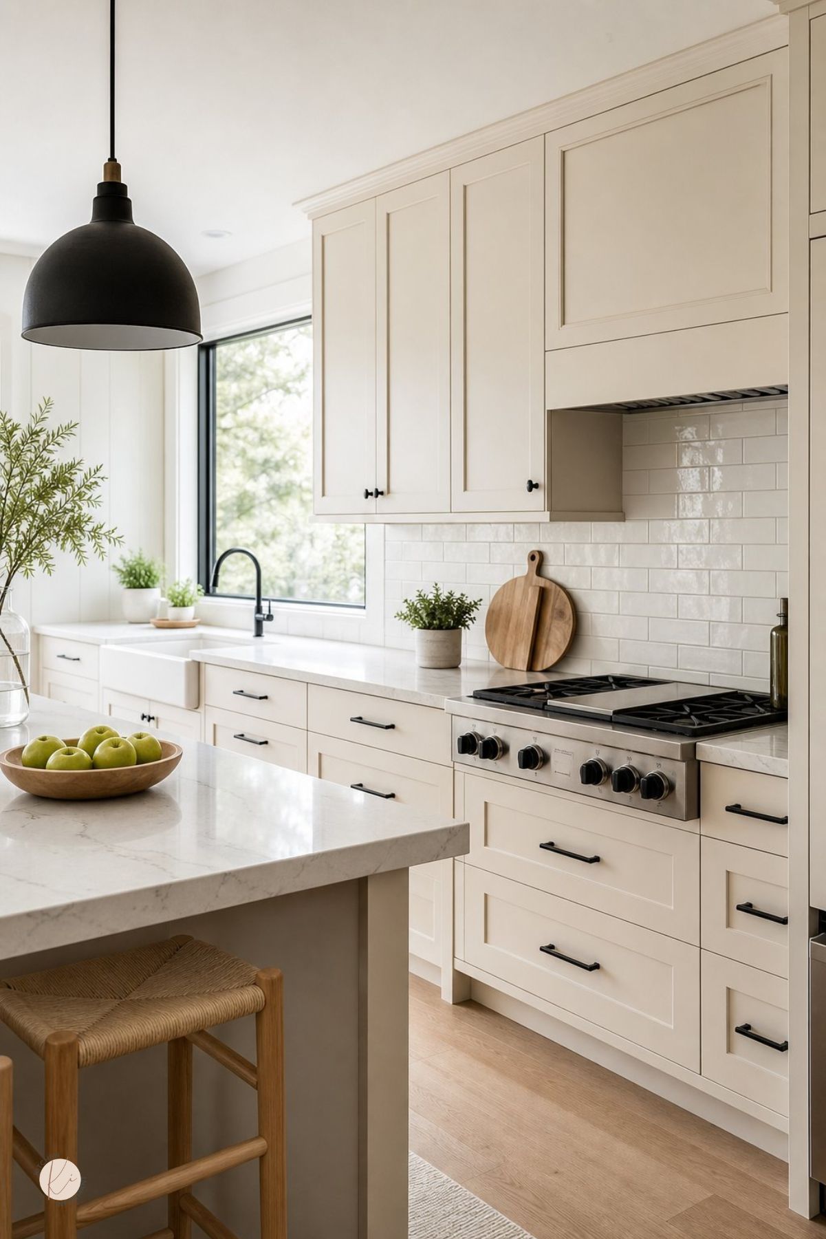 Cream kitchen with black hardware, marble countertops, white subway tile backsplash, stainless cooktop, black pendant light, black-framed window, farmhouse sink, light wood floors, woven stool, potted greenery, and a bowl of green apples on the island.