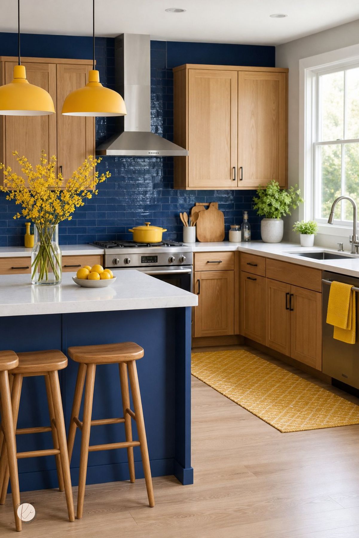 Blue and wood kitchen with navy island, glossy blue subway tile backsplash, warm oak cabinets, white countertops, yellow pendant lights, stainless range hood, yellow accents, wood stools, potted greenery, yellow flowers, black-framed window, and a yellow runner rug.