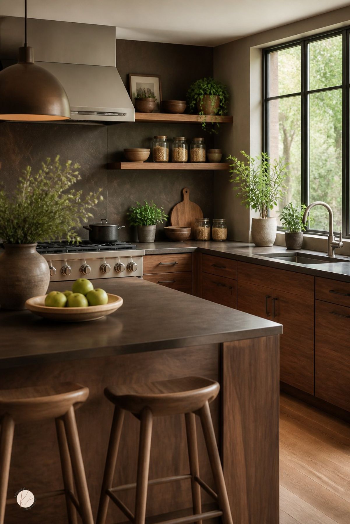 Moody rustic kitchen with dark wood cabinets, charcoal countertops, open wood shelves, stainless range, black-framed window, potted herbs, glass pantry jars, wood stools, and a large island with a bowl of green apples.