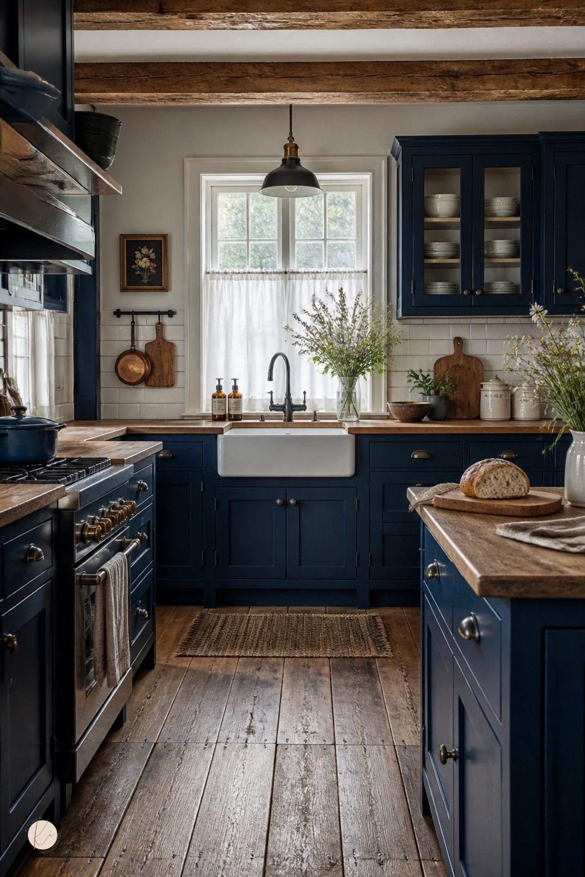 Rustic cottage kitchen with navy blue cabinets, wood countertops, farmhouse sink, white subway tile backsplash, exposed beams, brass hardware, black range, glass-front cabinet, pendant light, wood floors, fresh flowers, and sliced bread on the island.