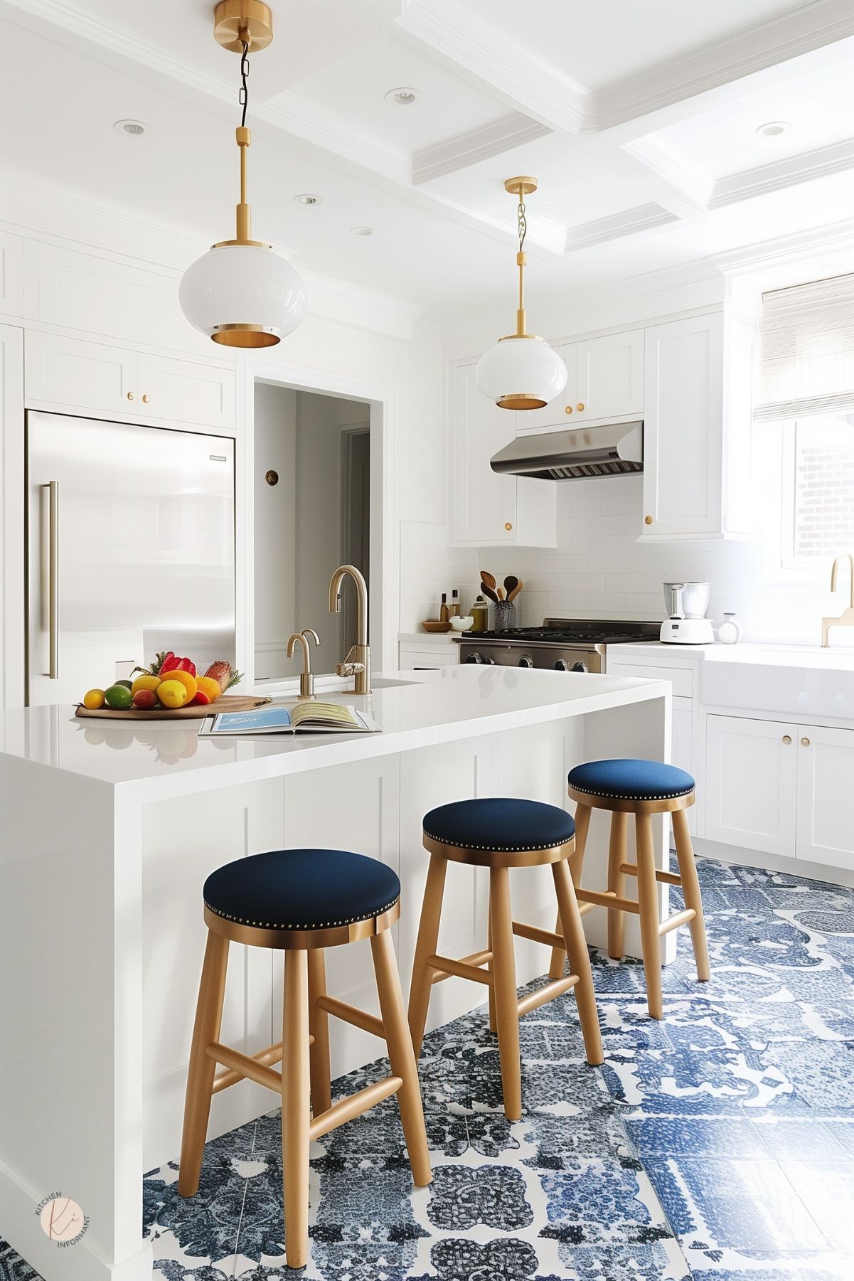 Bright white kitchen with coffered ceiling, large island, gold and white pendant lights, brass faucet, stainless appliances, navy blue cushioned stools, farmhouse sink, fruit tray, and blue patterned tile floor.