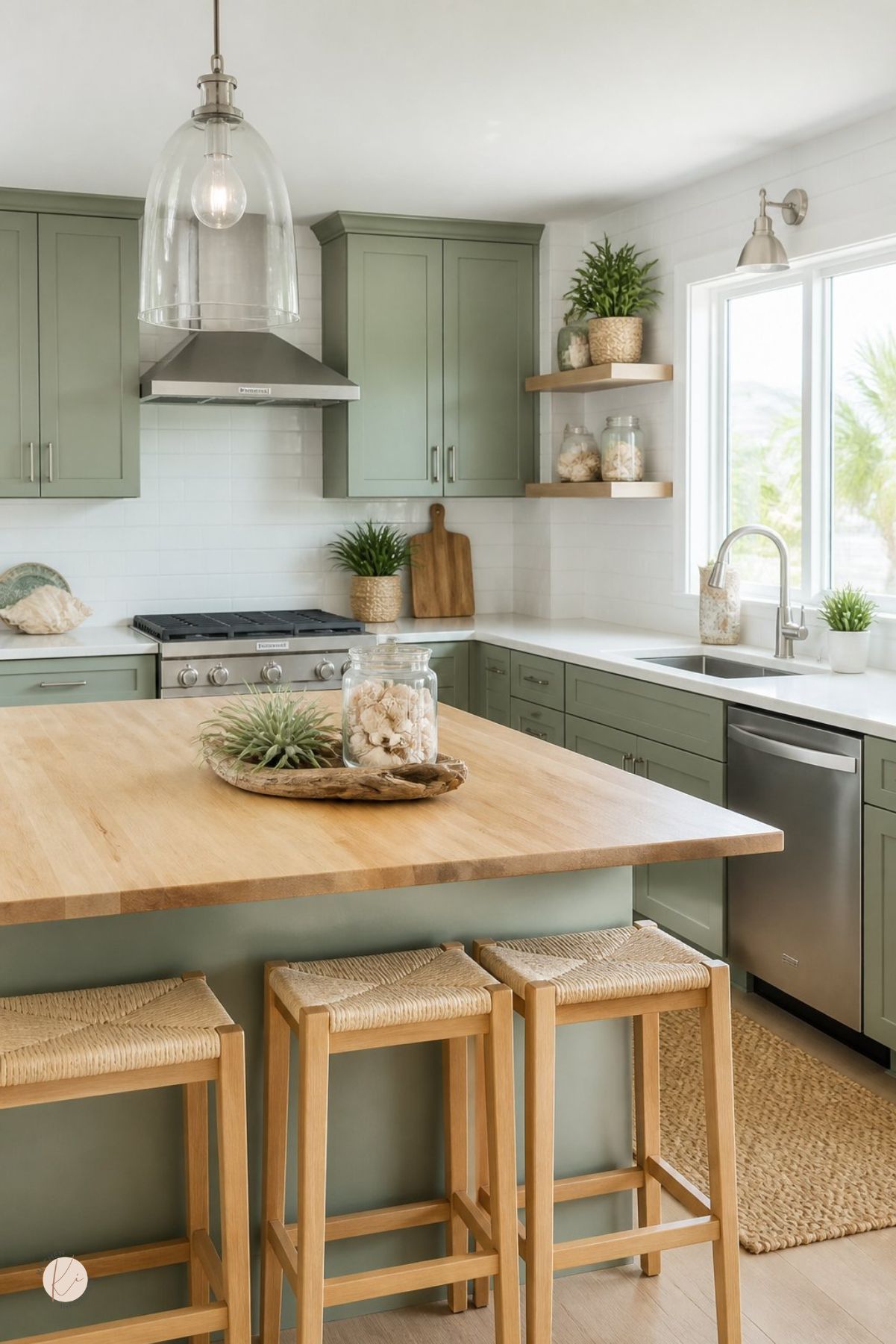 Coastal kitchen with sage green cabinets, wood island top, white countertops, stainless range hood, open wood shelves, glass pendant light, woven stools, potted greenery, shell decor, driftwood centerpiece, and bright beach view from the window.