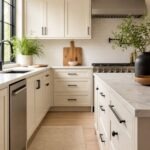 Cream kitchen with black hardware, marble countertops, white subway tile backsplash, stainless range hood, black-framed window, farmhouse sink, light wood floors, glass pendant light, potted greenery, wood cutting board, and a beige runner rug.