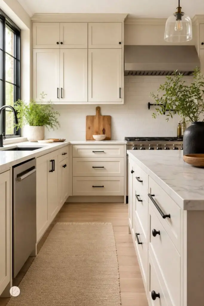 Cream kitchen with black hardware, marble countertops, white subway tile backsplash, stainless range hood, black-framed window, farmhouse sink, light wood floors, glass pendant light, potted greenery, wood cutting board, and a beige runner rug.