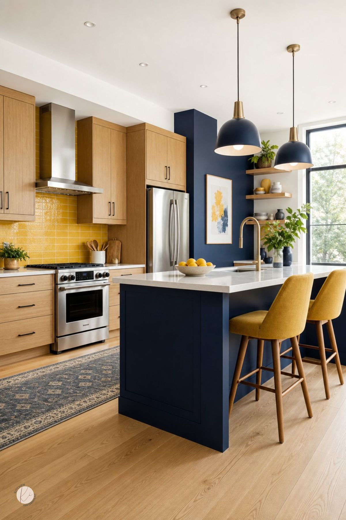 Blue, yellow, and wood kitchen with navy island, warm oak cabinets, yellow tile backsplash, white countertops, navy pendant lights, yellow bar stools, stainless appliances, brass faucet, open shelves, patterned runner rug, lemons, and potted greenery.
