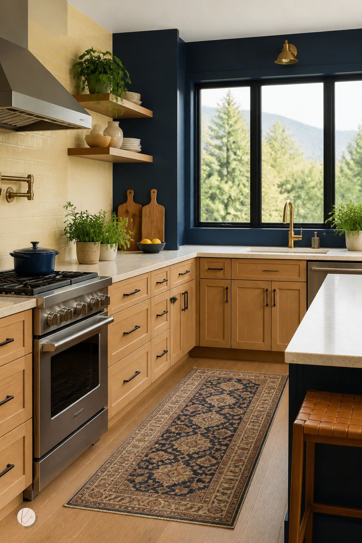 Blue and wood kitchen with warm oak cabinets, pale yellow tile backsplash, navy walls and island, white countertops, stainless range, brass faucet, open wood shelves, potted greenery, black-framed window, patterned runner rug, and light wood floors.