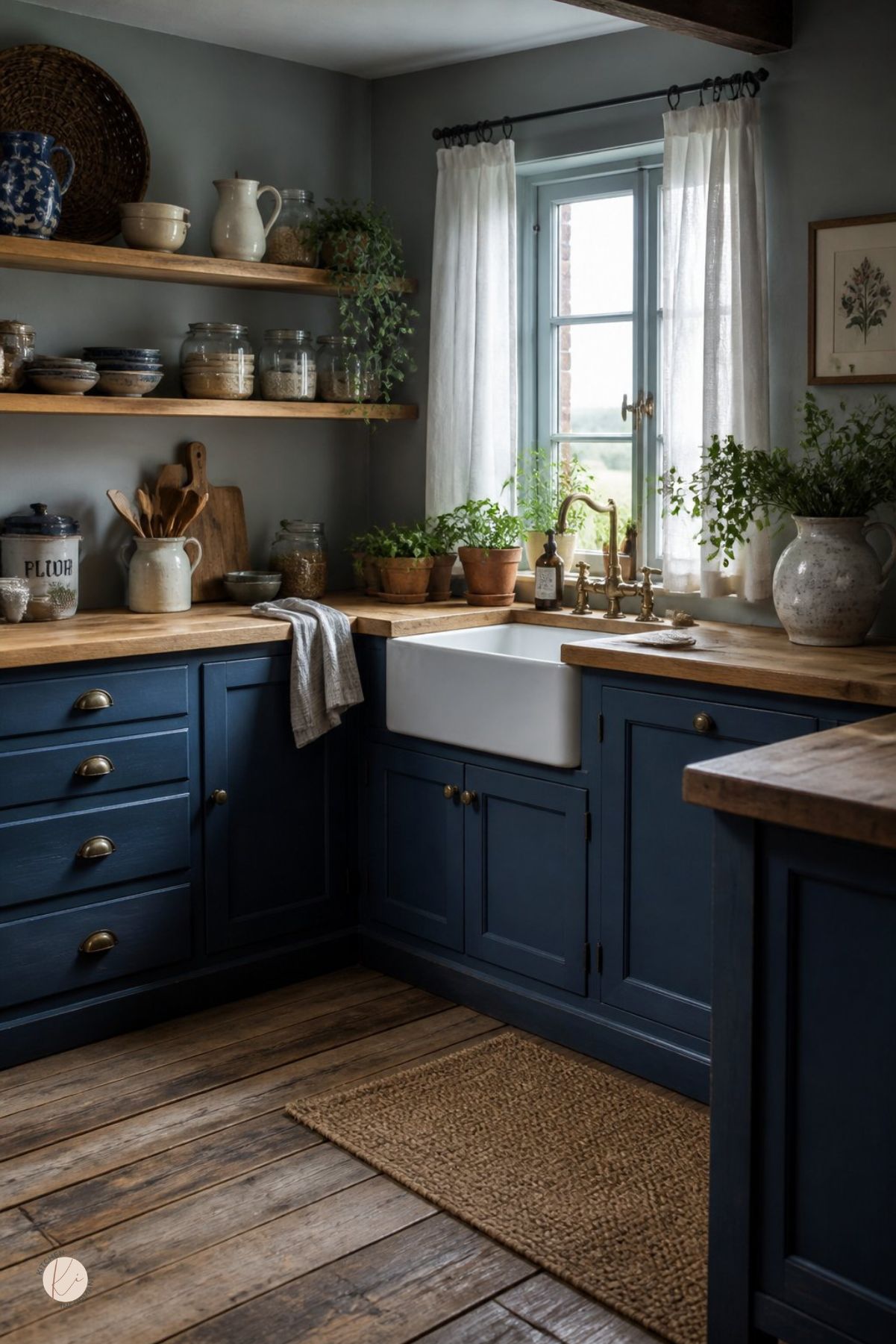 Cottage kitchen with navy blue cabinets, wood countertops, farmhouse sink, brass bridge faucet, open wood shelves, glass pantry jars, potted herbs, white curtains, rustic wood floors, woven runner rug, and vintage crockery.