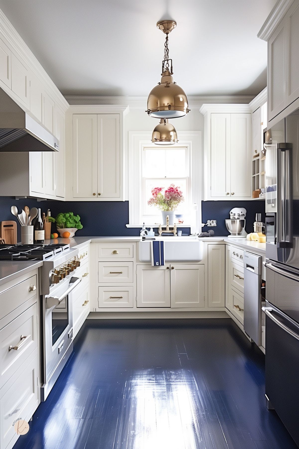 White galley kitchen with cream cabinets, navy blue backsplash and glossy navy floor, farmhouse sink, stainless appliances, brass hardware, gold pendant lights, white range, dark countertops, and flowers in the window.