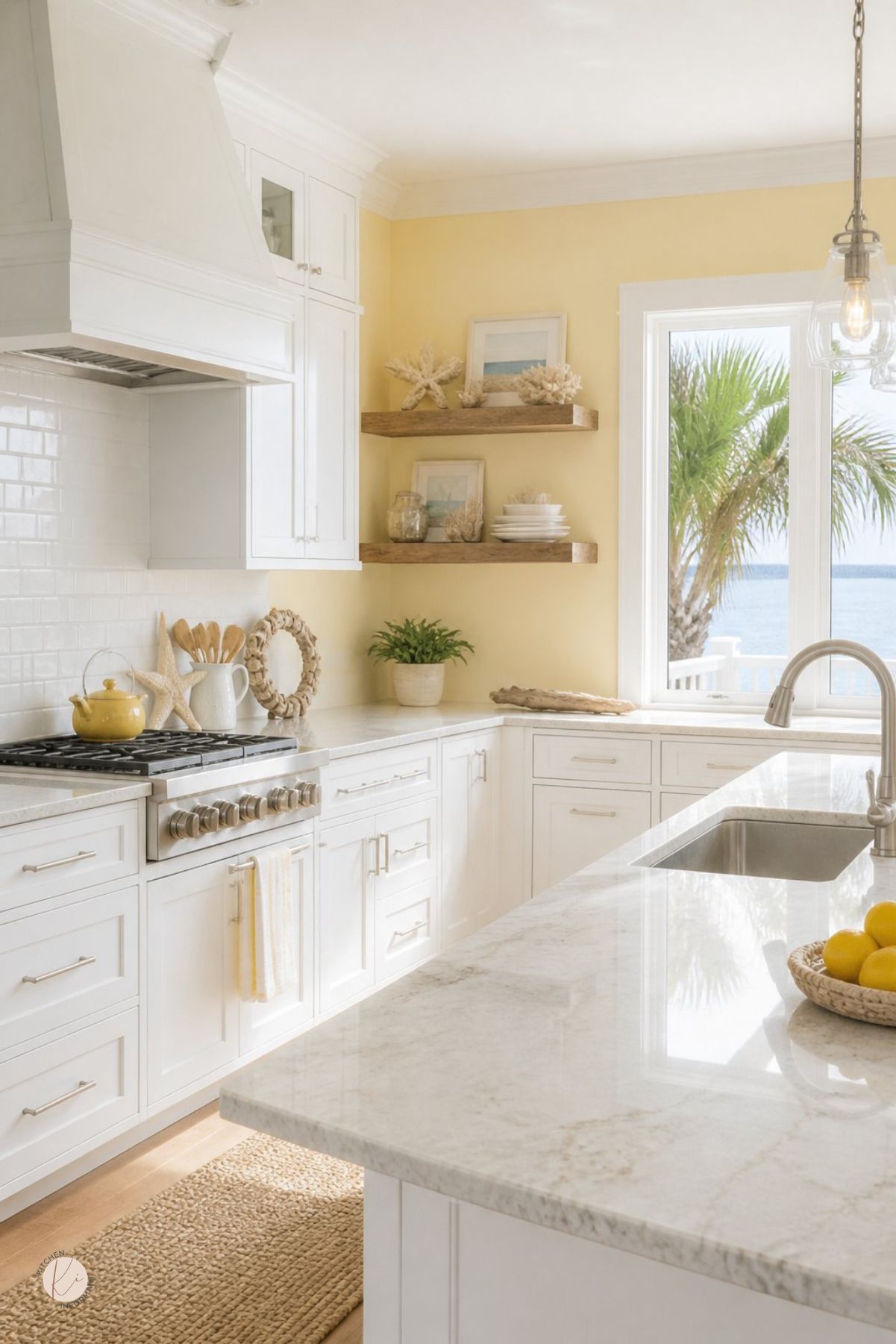 Coastal white kitchen with marble countertops, pale yellow walls, open wood shelves, white subway tile backsplash, stainless range, glass pendant light, woven rug, lemon bowl, coral decor, and ocean view with palm trees through the window.