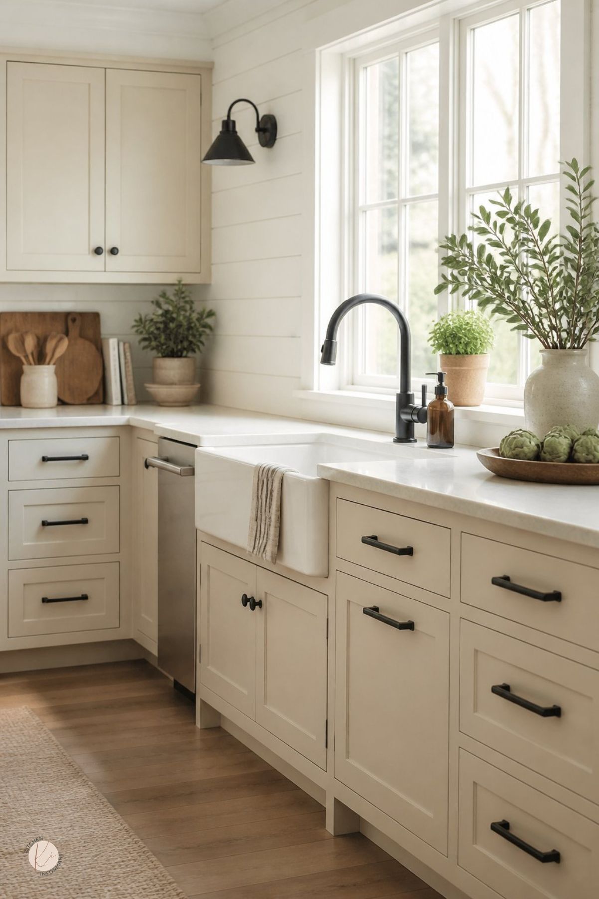 Cream kitchen with black hardware, farmhouse sink, black faucet, white shiplap walls, wood floors, woven runner rug, potted greenery, wall sconce, stainless dishwasher, cutting boards, and a bowl of artichokes by the window.