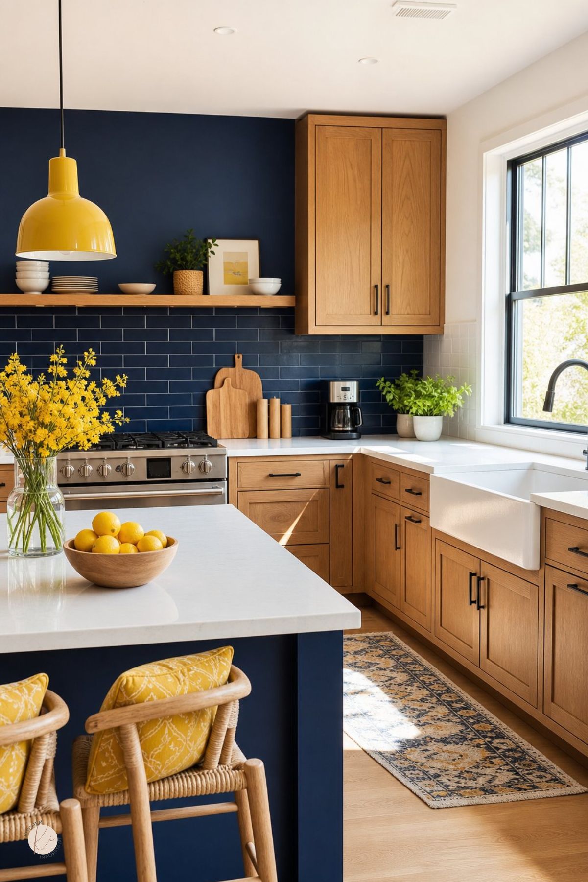 Blue and wood kitchen with navy island and backsplash, warm oak cabinets, white countertops, yellow pendant light, farmhouse sink, black-framed window, stainless range, yellow flowers, bowl of lemons, potted greenery, wicker stools, and patterned runner rug.
